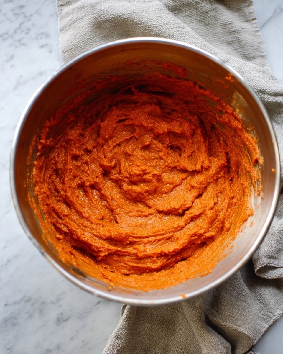 The image shows a large silver mixing bowl filled with a thick, smooth orange-red mashed mixture that has a slightly chunky texture. The bowl is placed on a white marbled surface, beside a crumpled light grey cloth. The mixture's surface has uneven swirls and ridges, showing the texture of the blend inside. Photo taken with an iphone --ar 4:5 --v 7