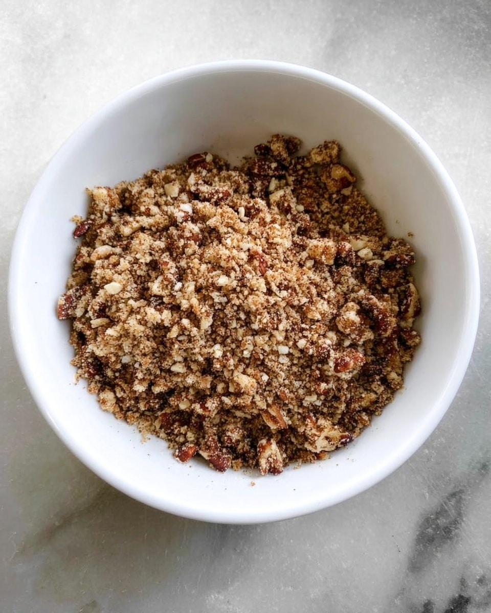 The image shows a white baking dish filled with a two-layer dessert. The bottom layer is smooth and bright orange with a soft texture, while the top layer is a crumbly, golden-brown streusel made up of small chunks with bits of pecans visible, giving it a rough, crunchy appearance. A wooden spoon scoops out a portion, showing the clear division between the creamy orange base and the thick, nutty crumble on top. The dish sits on a white marbled surface with a blurred background. photo taken with an iphone --ar 4:5 --v 7