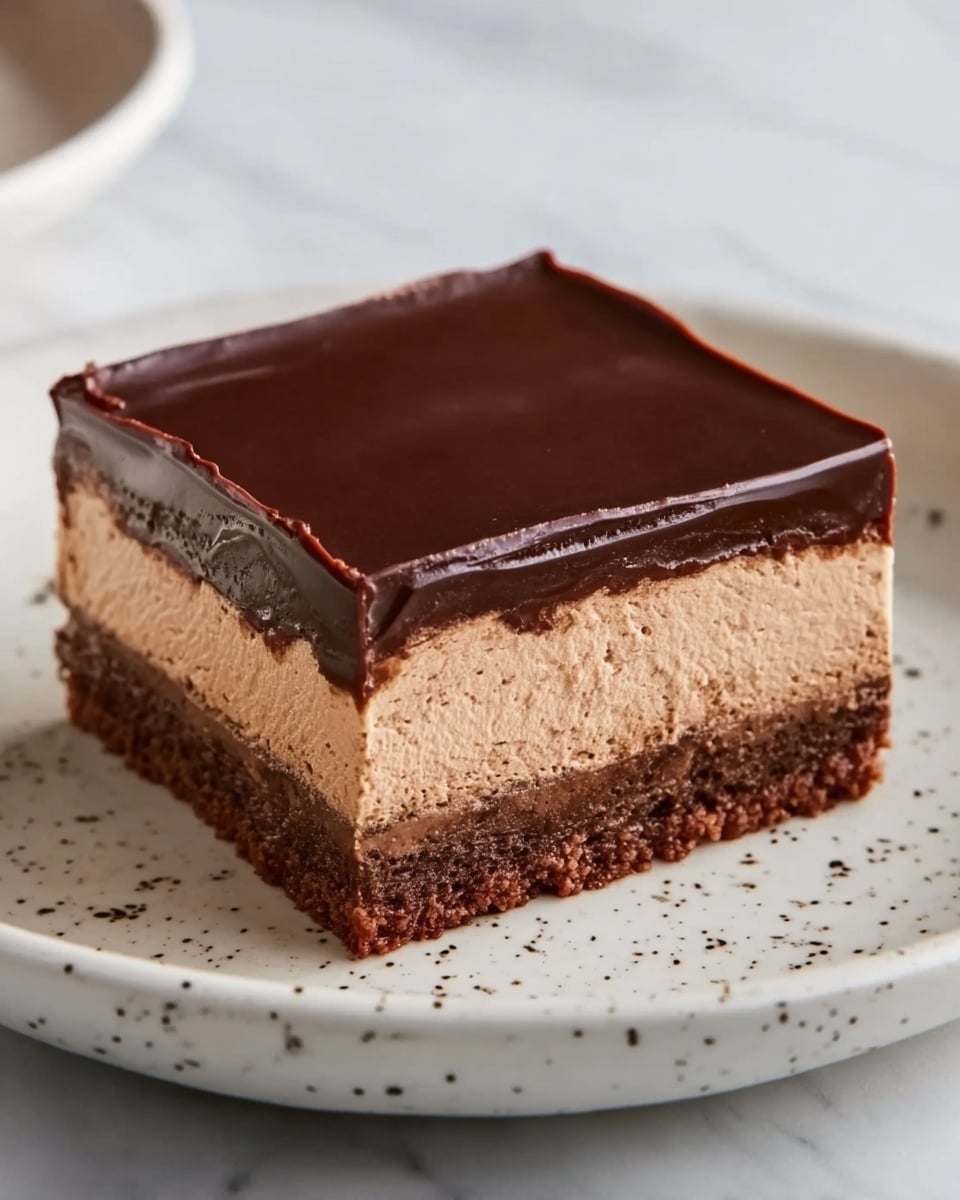 A dark brown square cake is in a gray baking pan on a white marbled surface, topped with dollops of light brown chocolate frosting arranged in three rows of three, each dollop having a smooth texture with swirled peaks. Above the pan, there is a clear glass bowl filled with the same light brown frosting, showing a creamy and glossy texture with swirls. To the right, a spatula with a light wooden handle and a gray metal blade has some of the frosting spread on it. A folded white cloth is partly visible under the lower left corner of the baking pan. Photo taken with an iphone --ar 4:5 --v 7