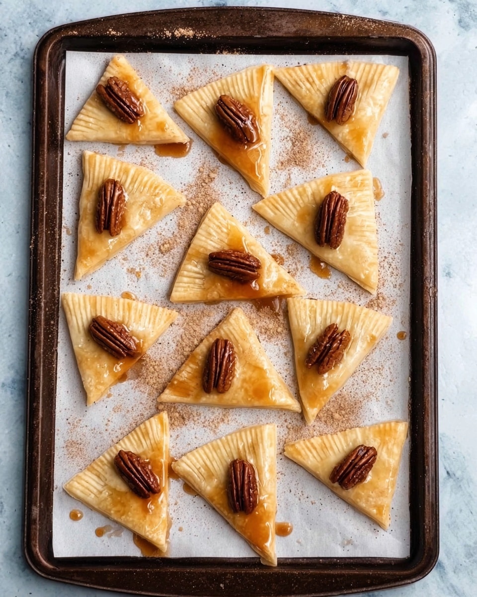A dark metal baking tray lined with white parchment paper holds eleven triangular pastries arranged in a scattered pattern. Each pastry is a light golden brown, with three short ridged edges and a smooth base. On top of each triangle, in the middle, there is a single pecan half sitting on a layer of glossy syrup. Around and between the pastries, a light sprinkling of a brown powder is visible on the parchment paper. The tray rests on a surface with a white marbled texture. Photo taken with an iphone --ar 4:5 --v 7