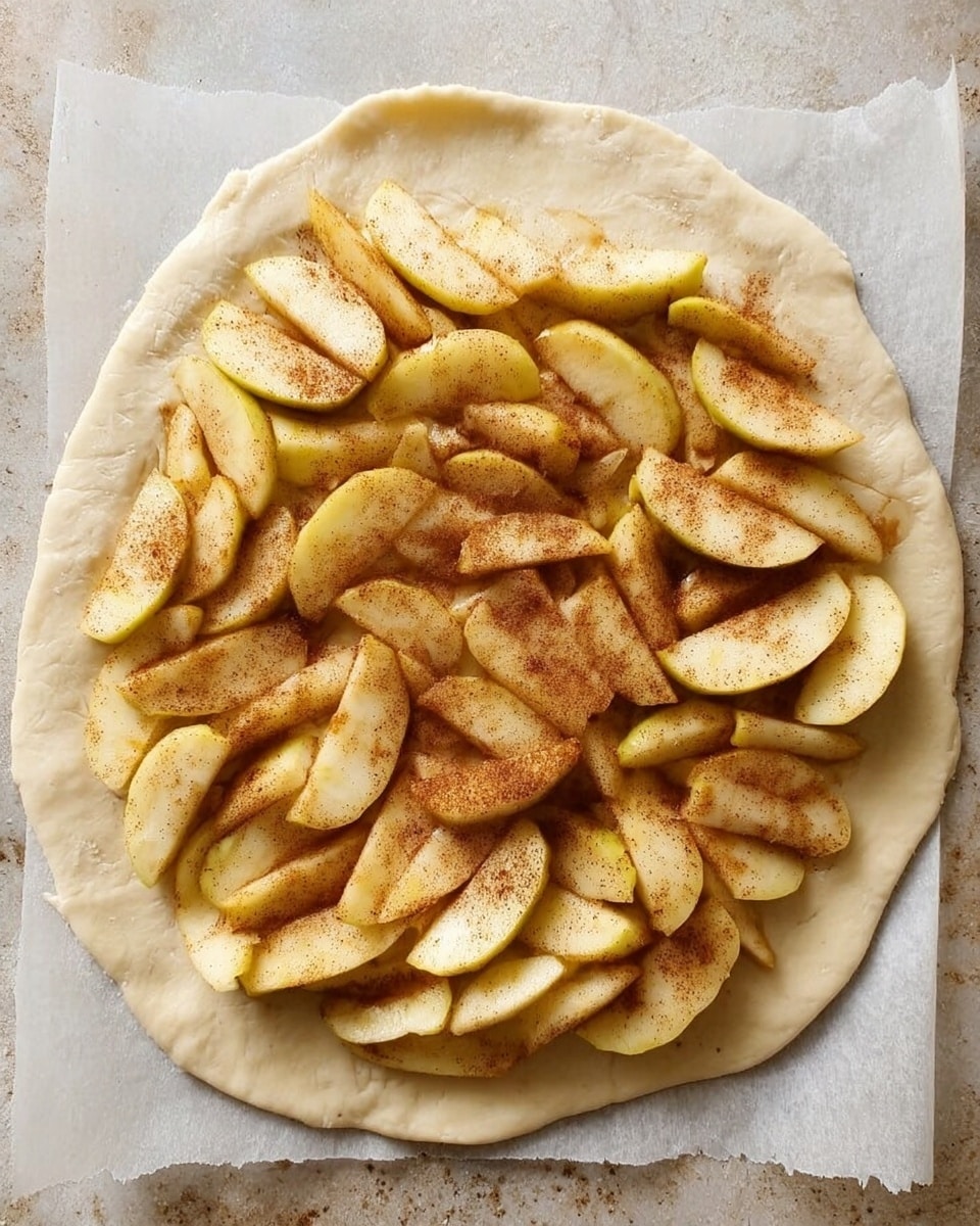 A large, uneven circle of pale dough is laid flat on a white marbled surface covered with parchment paper, topped with a thick layer of sliced apples spread mostly in the center, each apple slice showing a light yellow color with brown cinnamon dusting on top, giving a rough texture and warm tone to the fruit. The dough edges are free from toppings, creating a clear border around the apple layer. photo taken with an iphone --ar 4:5 --v 7