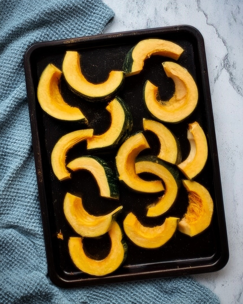 The image shows a black baking tray on a white marbled surface, filled with sliced pieces of green-skinned squash with bright orange flesh. The squash slices vary in size and shape, mostly crescent-shaped, arranged loosely across the tray. The dark green outer skin contrasts clearly with the smooth, vivid orange inside of each slice. The background under the tray is a soft blue textured fabric. photo taken with an iphone --ar 4:5 --v 7
