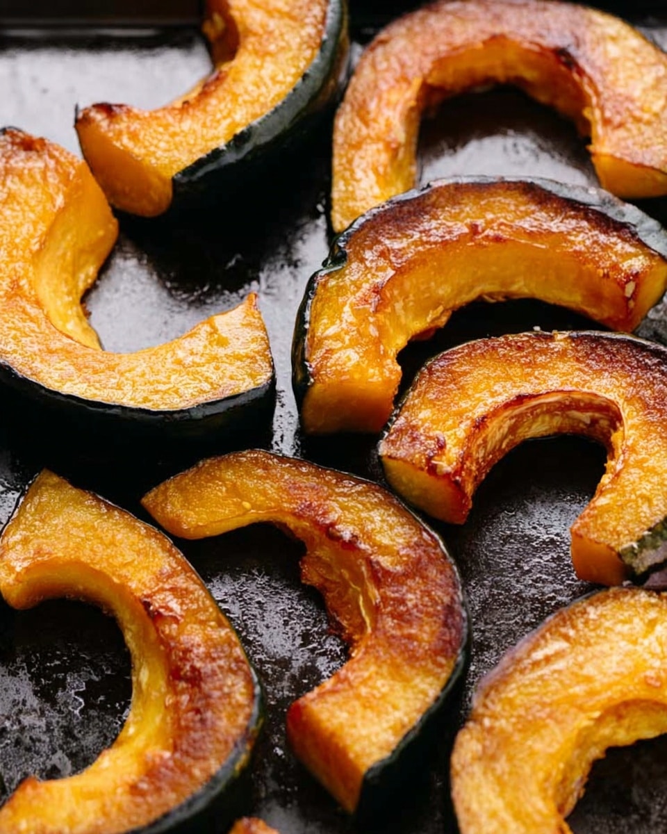The image shows a white plate filled with several cooked slices of orange pumpkin with dark green edges, arranged in a loose pile. Each slice has a shiny, caramelized surface with some darker, charred spots and small green herb pieces sprinkled on top. The texture of the pumpkin appears soft with a slightly crispy, browned outer layer. The plate is set on a white marbled surface with soft lighting highlighting the vibrant colors and glossy finish of the cooked pumpkin. Photo taken with an iphone --ar 4:5 --v 7