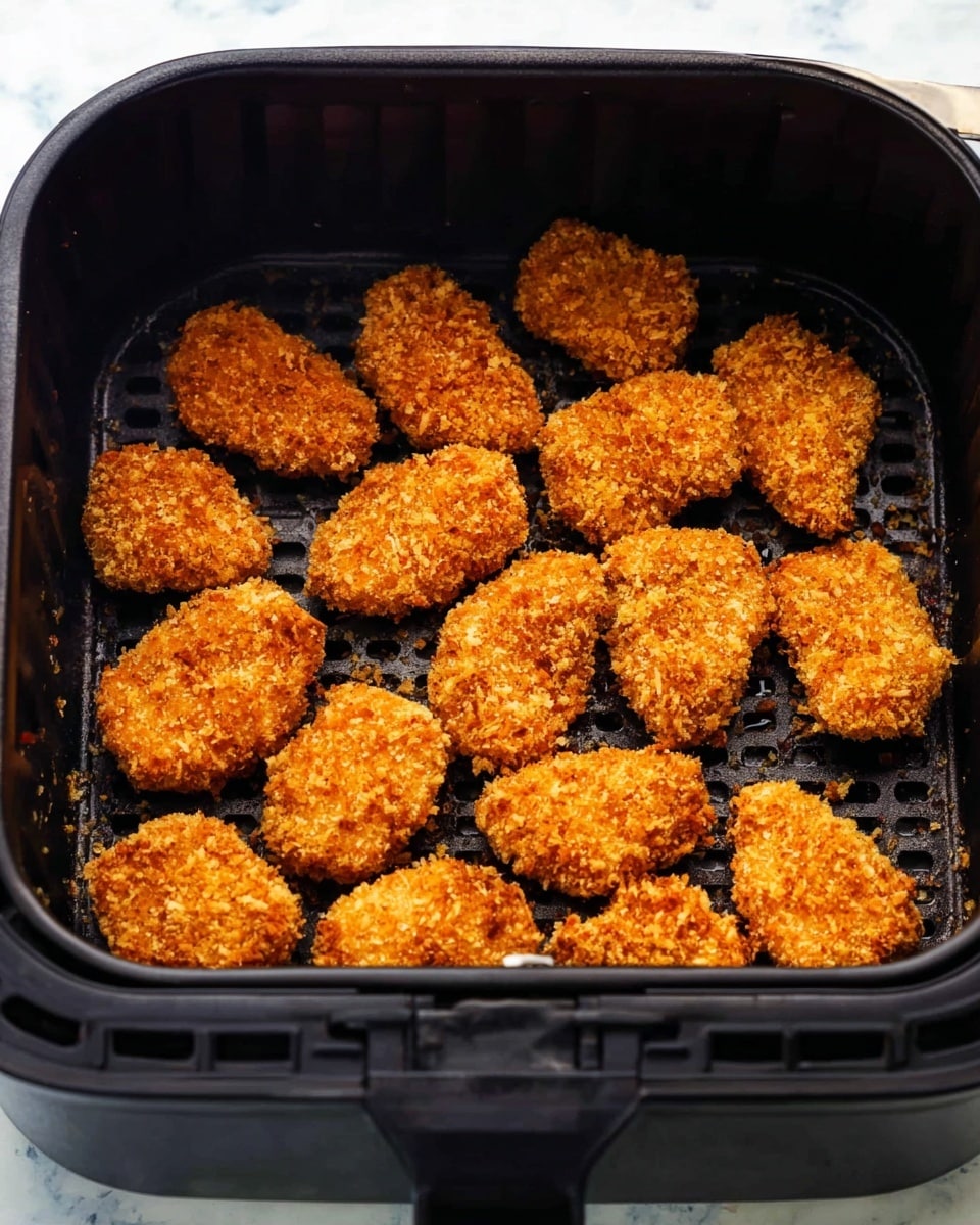 A round dish filled with many pieces of golden brown, crispy textured nuggets arranged in a ring around a small round container of smooth beige dipping sauce in the center; the nuggets rest on crinkled white parchment paper that lines the dish, all placed on a white marbled surface with scattered green herb bits visible near the edges, photo taken with an iphone --ar 4:5 --v 7