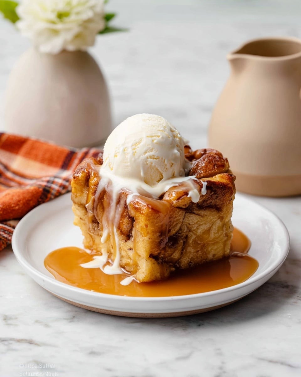 A white ornate rectangular dish holds a bread pudding with two visible layers; the bottom layer is soaked, shiny, and golden-brown custard sauce with dark raisins mixed in, and the top layer consists of uneven, golden-baked bread pieces with crispy browned edges and more scattered raisins, giving a textured look. The dish is placed on a white marbled surface with a silver spoon on the right on a white scalloped small plate, a white flower on the upper left, and a brown and white checkered cloth on the bottom left. The overall look is warm and inviting with a soft shine on the pudding photo taken with an iphone --ar 4:5 --v 7