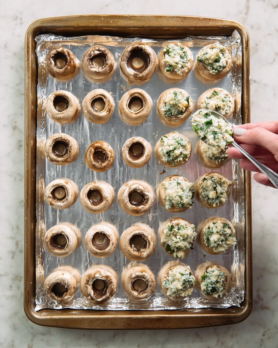 A metal baking tray lined with shiny foil holds five rows of white mushrooms with stems removed, evenly spaced. The first two rows on the left show mushrooms with hollow centers, revealing their dark brown interiors. The next three rows on the right display mushrooms filled with a creamy white mixture dotted with green leafy pieces, piled slightly above the edges. A woman’s hand holds a spoon near the bottom right, adding more of the creamy filling onto a mushroom. The tray is set on a white marbled surface. photo taken with an iphone --ar 4:5 --v 7