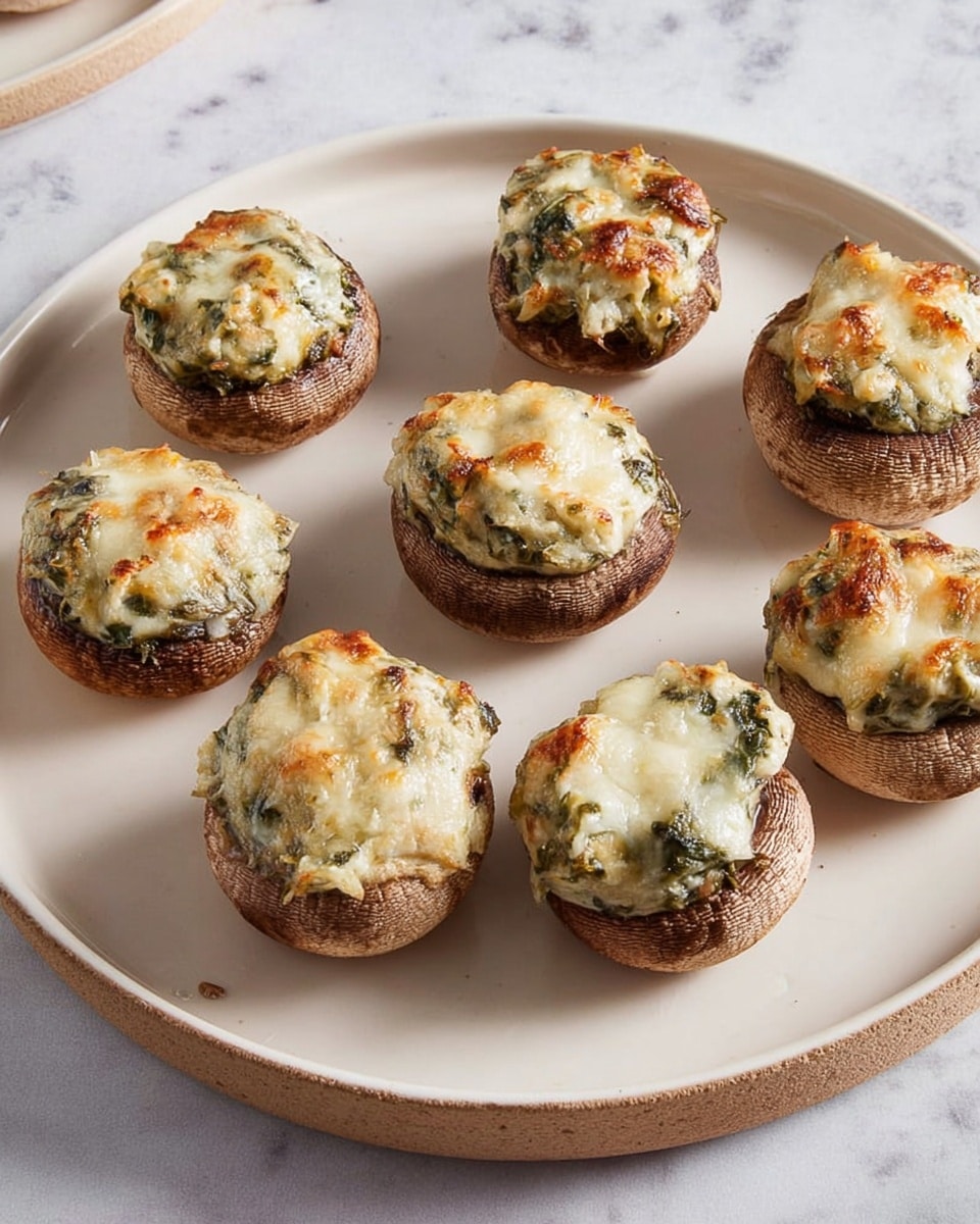 Seven stuffed mushrooms are arranged on a simple white plate. Each mushroom has a brown, slightly wrinkled cap as the base layer. The top layer shows a creamy, white and green filling that looks slightly melted and browned, with visible bits of herbs and cheese mixed together. The mushrooms are evenly spaced, and the plate sits on a white marbled surface. The texture of the mushrooms contrasts with the smooth, cheesy filling, making them look soft and savory. photo taken with an iphone --ar 4:5 --v 7