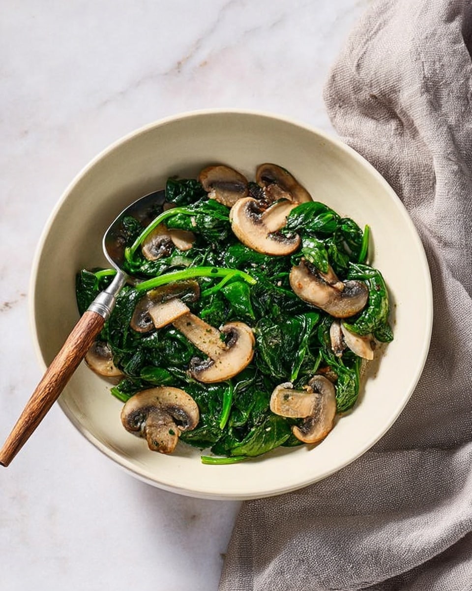 A white shallow bowl filled with cooked spinach and sliced mushrooms, where the spinach is dark green and wilted, and the mushrooms are light brown and tender, mixed evenly throughout. A spoon with a wooden handle rests inside the bowl on the right side. The bowl is placed on a white marbled surface with a gray cloth napkin nearby. photo taken with an iphone --ar 4:5 --v 7