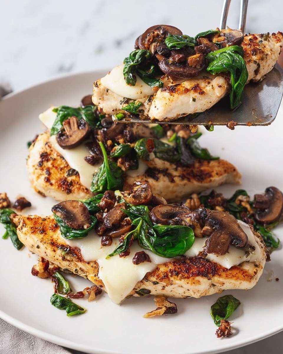The image shows three pieces of cooked chicken layered on a white plate with a white marbled background. Each chicken piece is golden-brown with a slight charred texture. On top of each piece, there is a layer of melted white cheese that looks smooth and soft. Scattered on and around the chicken are dark brown cooked mushroom slices and bright green sautéed spinach leaves. Small pieces of nuts or seeds are mixed with the mushrooms and spinach, adding more texture and color contrast. A metal spatula is lifting one piece in the top area of the plate, and a woman's hand holds the spatula. Photo taken with an iphone --ar 4:5 --v 7