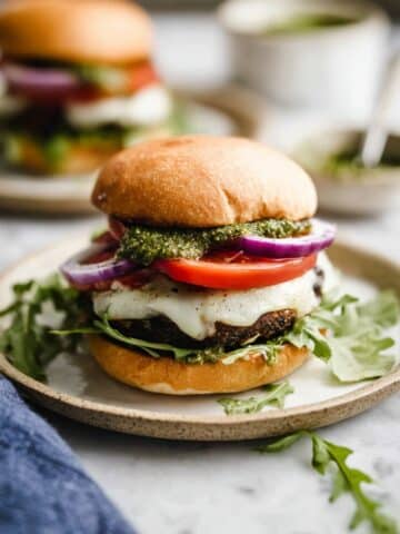 Grilled Portobello Mushroom Burger with Balsamic Marinade, Pesto, and Melted Cheese Recipe