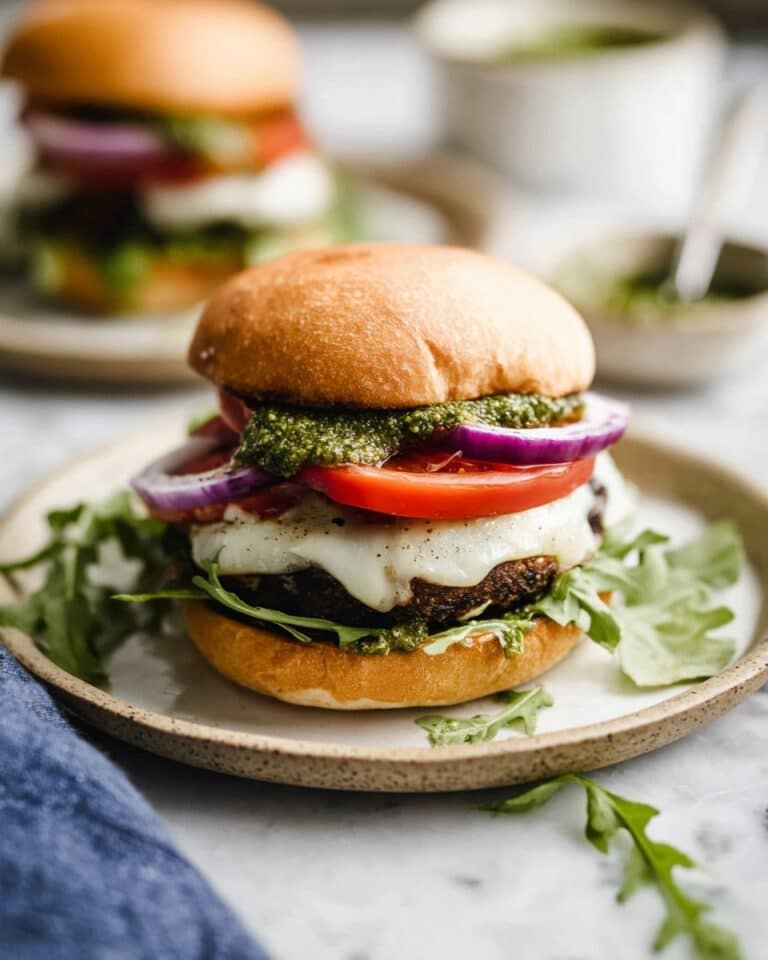 Grilled Portobello Mushroom Burger with Balsamic Marinade, Pesto, and Melted Cheese Recipe