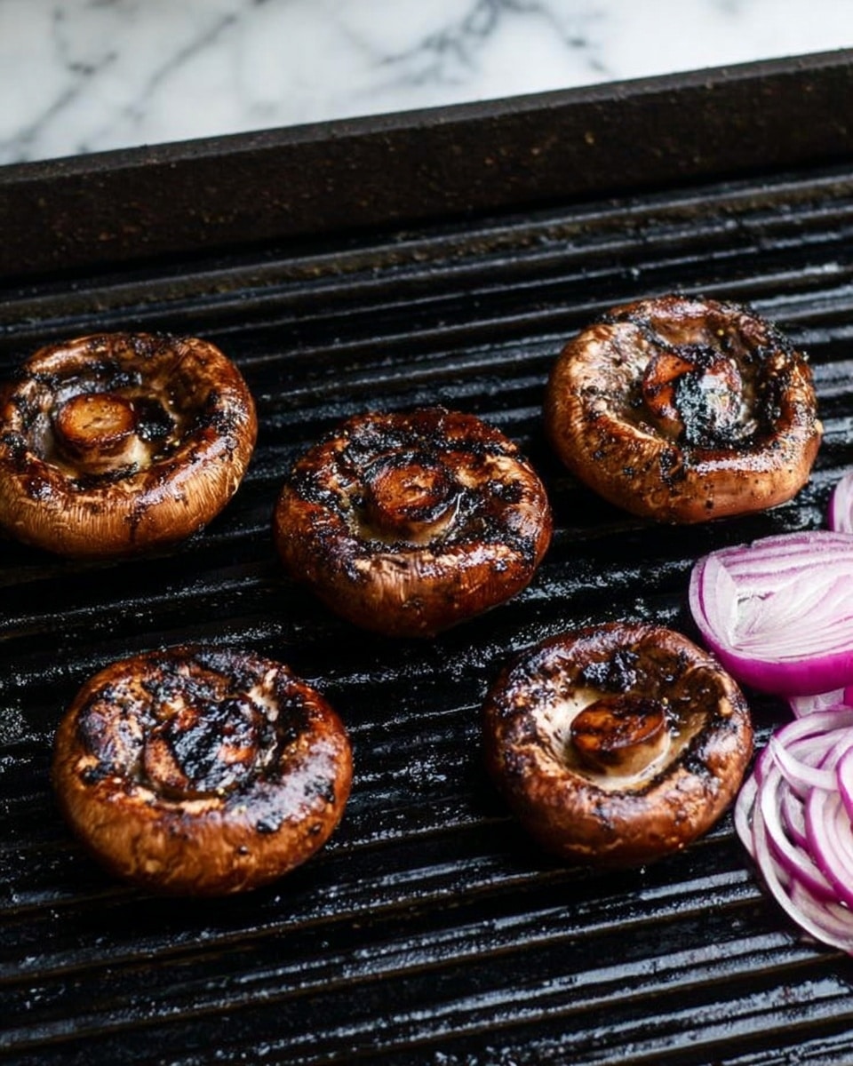 Five large mushrooms are placed on a black grill grate, each showing dark brown, charred marks and a shiny, well-cooked surface. The mushrooms are spaced evenly with some cooking at different stages. On the right edge, a few slices of purple onion with white rings are visible. The grill bars create a pattern of parallel lines underneath the mushrooms. The background is a white marbled surface. Photo taken with an iphone --ar 4:5 --v 7