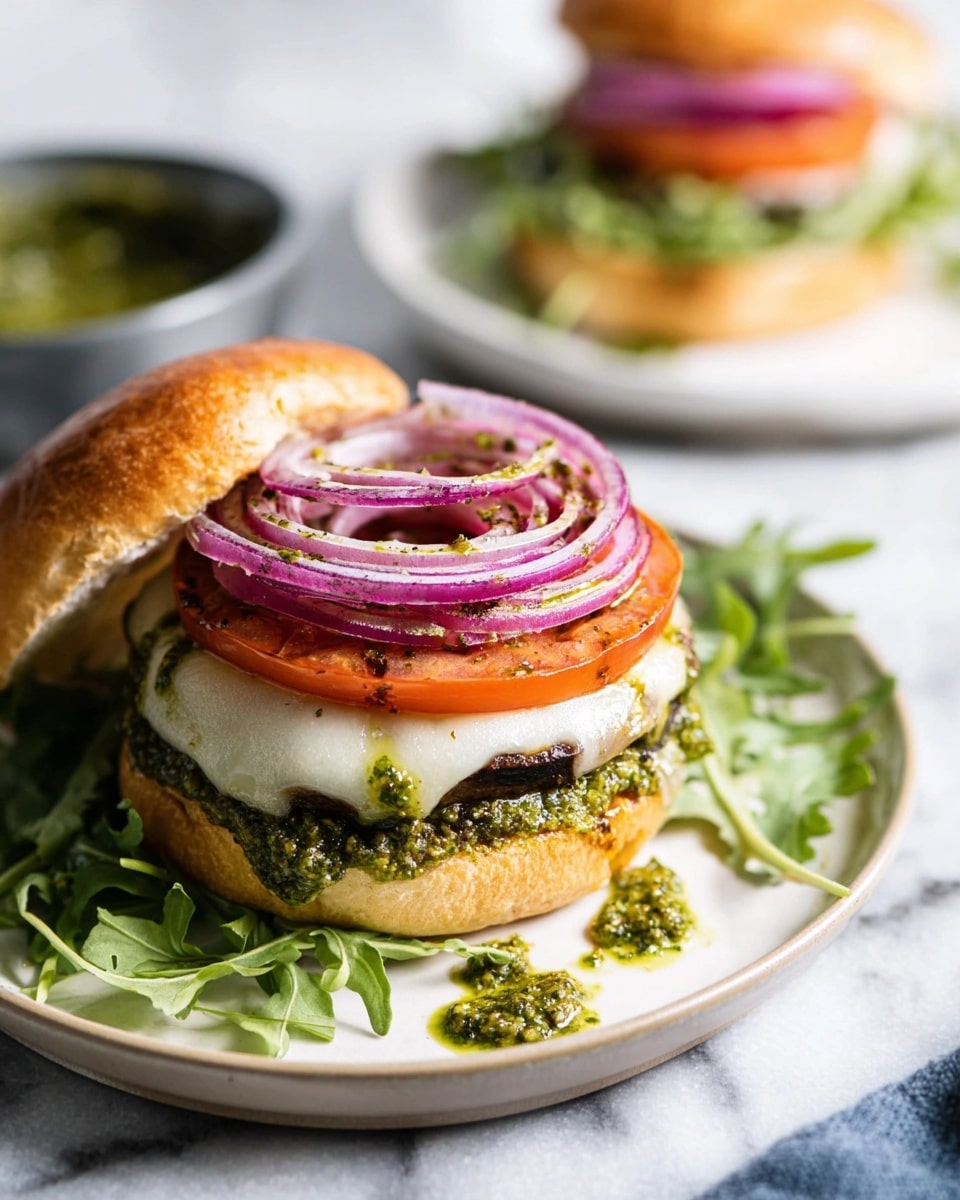 A sandwich is shown with a soft light brown bun slightly tilted to the right on a white plate. On the bottom bun, there is a bed of green leafy arugula, topped by a grilled mushroom patty covered with melting creamy white cheese. Above the cheese, there's a thick slice of red tomato, then layered with rings of fresh purple onion. Dollops of thick green pesto sauce are spread on top, lightly dripping on the plate and some of the arugula. The white marbled surface underneath adds a bright, clean look, and in the background, there is a blurred bowl of green pesto and a second sandwich on a white plate. photo taken with an iphone --ar 4:5 --v 7
