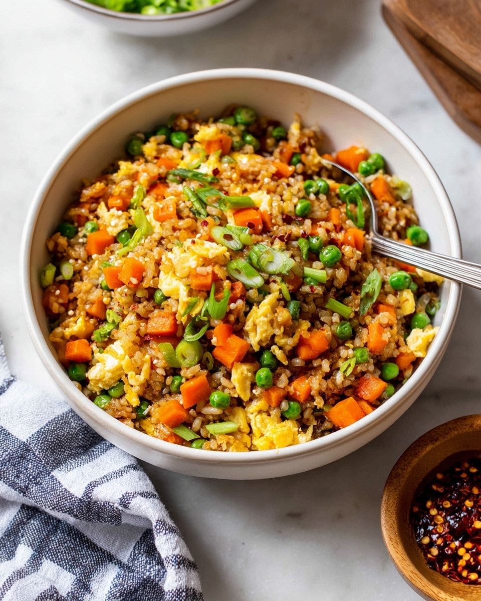 A large white frying pan filled with a colorful mixed dish consisting of three main layers: the bottom layer is light brown cooked rice, the middle layer contains bright green peas and edamame beans, and the top layer has small pieces of scrambled egg and thin orange carrot sticks. Scattered green onion slices and small red pepper bits add extra color throughout. A wooden spoon is resting on the right side inside the pan, slightly lifting some of the mix. Next to the pan are two small white bowls, one filled with dark soy sauce and the other with red chili flakes, all placed on a white marbled surface. A woman's hand is holding the frying pan handle. photo taken with an iphone --ar 4:5 --v 7