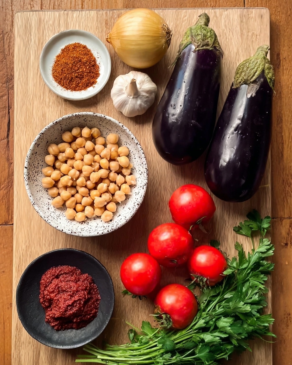 The image shows a wooden board with fresh ingredients neatly arranged: two shiny dark purple eggplants in the top right, a whole yellow onion and two garlic cloves near the top left, a small white bowl filled with a red spice in the center, a white speckled bowl full of light beige chickpeas below it, a cluster of four bright red tomatoes with green stems to the right of the chickpeas, a bunch of fresh green parsley at the bottom right, and a small black bowl with a red paste near the bottom left. The setting has a warm and natural tone. photo taken with an iphone --ar 4:5 --v 7