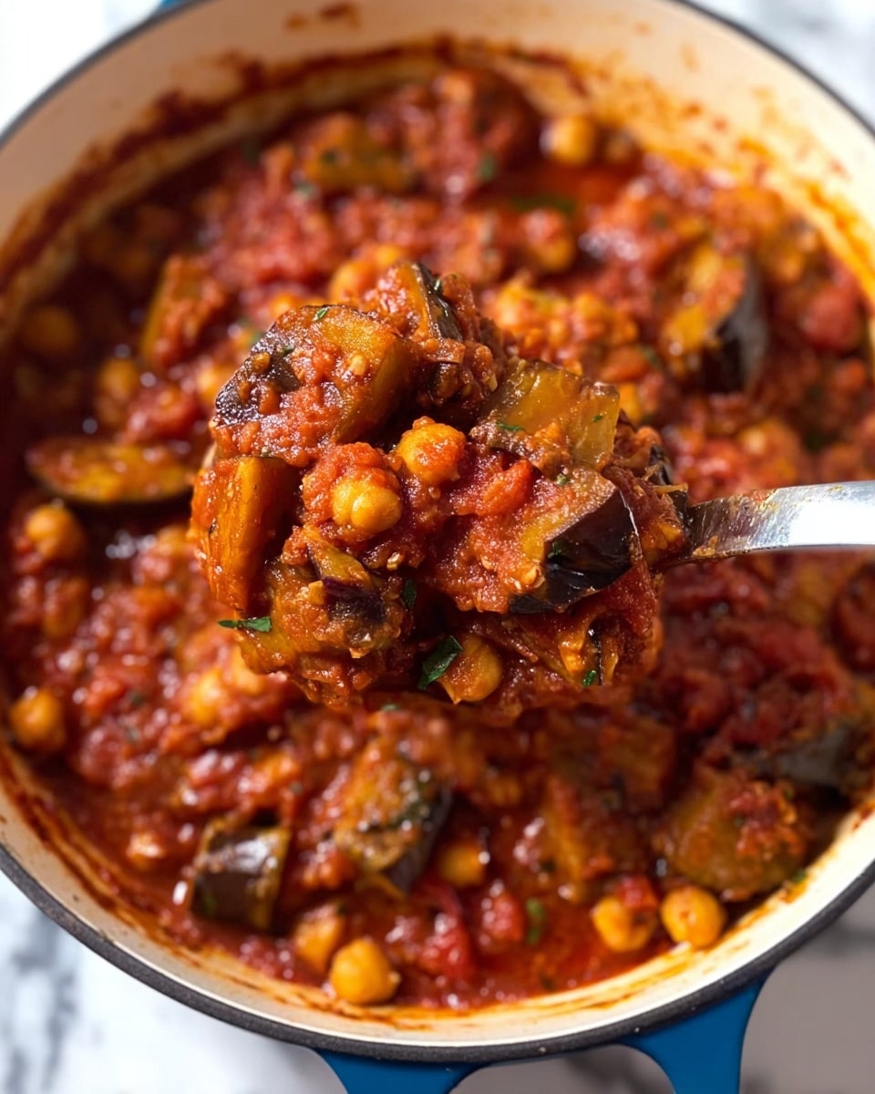 A blue-handled white pot filled with a thick stew made of chunky dark purple eggplant pieces and light yellow chickpeas, all coated in a rich, deep red tomato sauce; the stew looks hearty and glossy, with hints of green herbs mixed in, and a wooden spoon is resting inside, stirring the mix; the pot is placed on a white marbled surface photo taken with an iphone --ar 4:5 --v 7