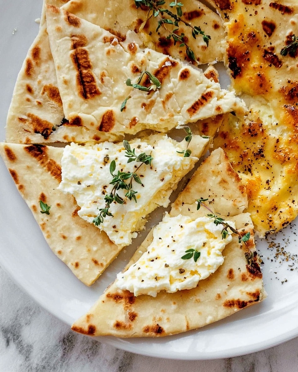 A single large square piece of grilled cheese with a golden-brown top layer that shows slight browning and small specks of black pepper sits in the center. This cheese layer has a smooth yet slightly textured surface and is topped with fresh green herb sprigs evenly spread across. Surrounding the cheese are broken pieces of grilled flatbread, each with clear grill marks and a light beige color. The entire arrangement is on a white plate placed on a white marbled surface, and a metal spatula with a white handle is partly visible underneath the cheese. Photo taken with an iphone --ar 4:5 --v 7