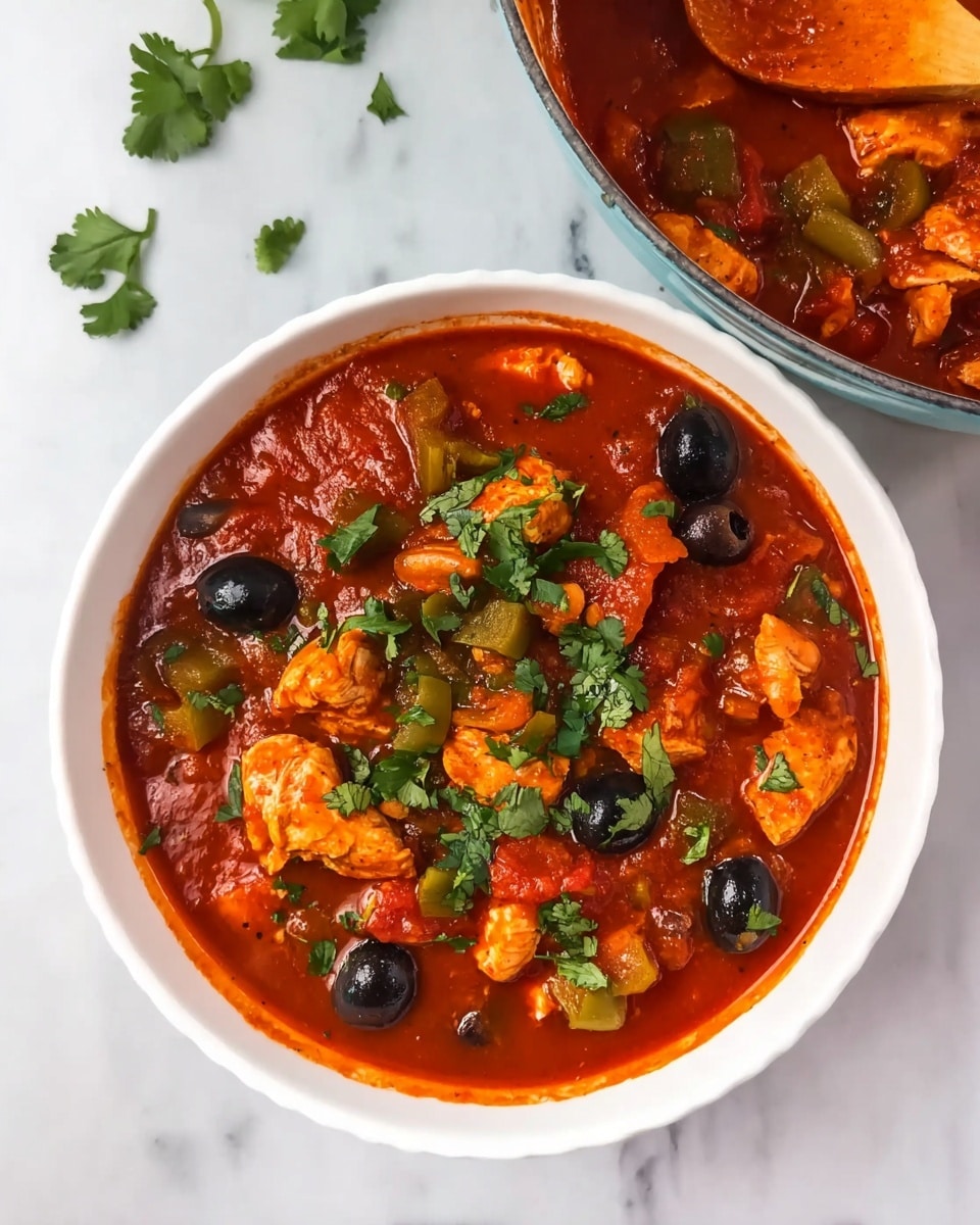 A close-up view of a wooden spoon lifting a scoop of stew from a white pot with a dark rim, resting on a white marbled surface. The stew has a thick bright orange-red tomato base with pieces of orange chicken and whole black olives. Small green herb leaves are scattered on top, adding fresh contrast. The stew looks rich and chunky with visible bits of vegetables and sauce coating the spoon. Photo taken with an iphone --ar 4:5 --v 7