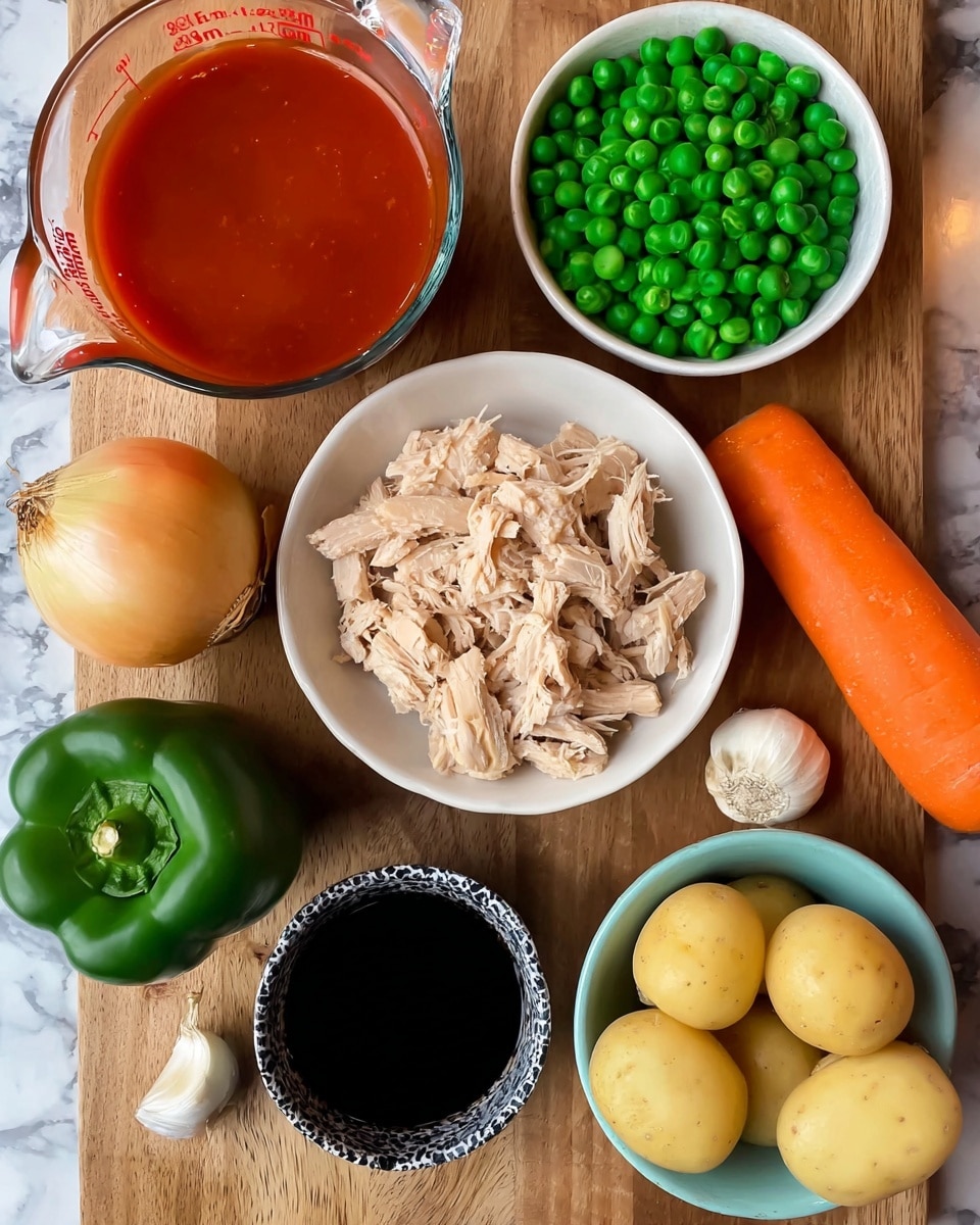 The image shows an overhead view of various uncooked ingredients on a wooden surface. At the center is a small white bowl filled with light beige shredded meat. Above it is a clear glass measuring cup containing a smooth, rich red sauce. To the right is a white bowl filled with bright green peas, and below that is a pale blue bowl holding small, smooth peeled potatoes. At the bottom left is a shiny, whole green bell pepper, and next to it is a small black and white bowl with dark soy sauce. Near the top are whole vegetables including a large orange carrot, a round yellow onion, and a few cloves of garlic, all arranged neatly. The surface beneath everything is a white marbled texture. Photo taken with an iphone --ar 4:5 --v 7