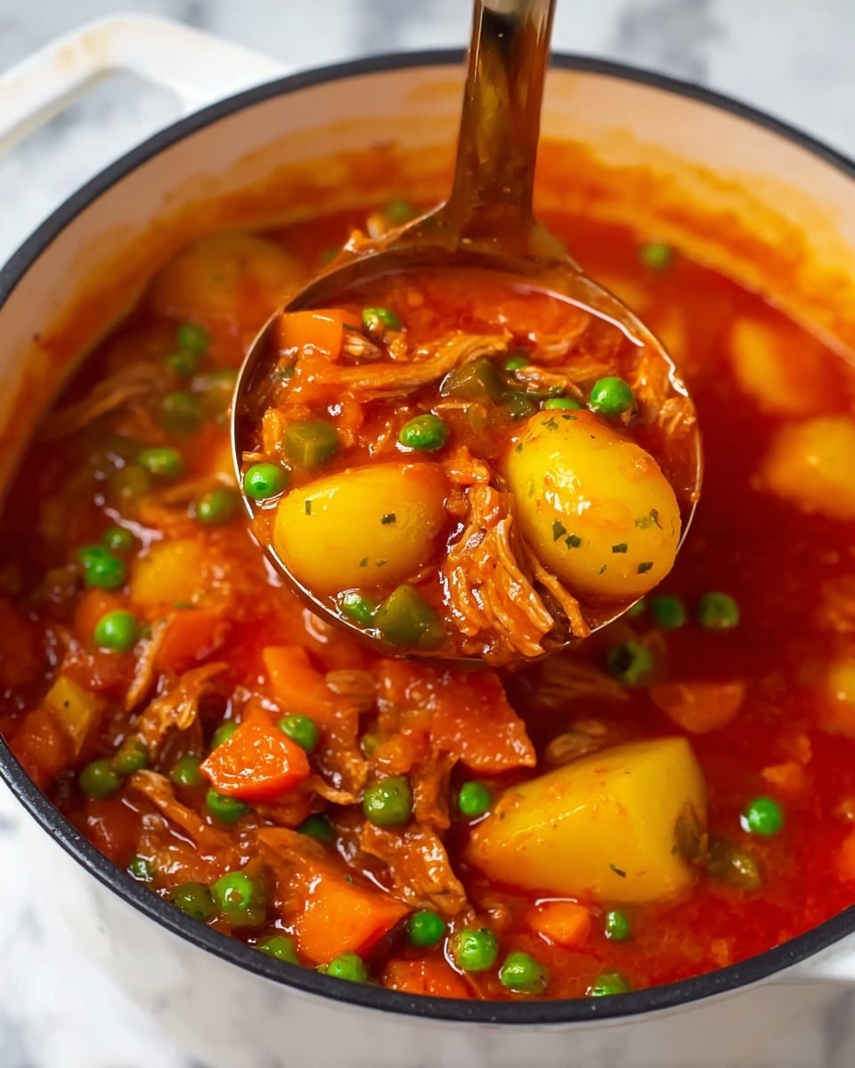 A close-up view of a ladle filled with stew above a large white cooking pot, containing three layers: the bottom layer has round yellow potatoes, bright green peas, and orange carrot bits, the middle layer shows a thick red-orange sauce covering tender light brown meat strips and bits of green bell pepper, and the top layer is glistening with sauce coating all ingredients, steam rising softly above; the pot sits on a white marbled surface. photo taken with an iphone --ar 4:5 --v 7