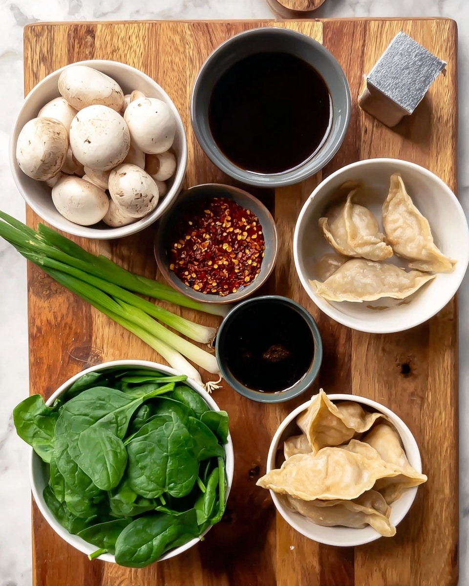 The image shows a wooden board with multiple small white bowls arranged on it. Starting from the top left, there is a bowl filled with whole white mushrooms, next to it on the right is another white bowl containing a dark brown soy sauce. Below the mushrooms, a gray bowl holds red chili flakes. At the bottom left corner, a white bowl is full of fresh green spinach leaves. To its left, green onions are placed directly on the board. Near the bottom center, a small black bowl contains peanut sauce. To the right of the chili flakes, a white bowl holds several light golden fried dumplings. Three cloves of garlic and a small cube of silver foil are placed near the bowls in the top right section of the board. The surface beneath everything is a white marbled texture. Photo taken with an iphone --ar 4:5 --v 7