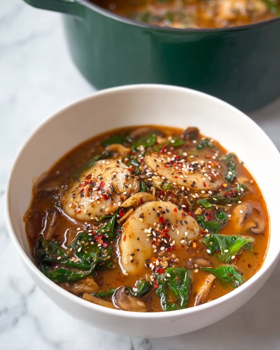 A white bowl filled with a stew-like dish showing about three large, light brown pieces at the top, covered with white sesame seeds and small red chili flakes. Green spinach leaves are mixed in throughout, and there are smaller brown mushrooms or similar items visible under the liquid. The broth is a warm reddish-brown color, thick enough to coat the ingredients. Behind the bowl, there is a dark green pot with more stew inside, all placed on a white marbled surface. photo taken with an iphone --ar 4:5 --v 7