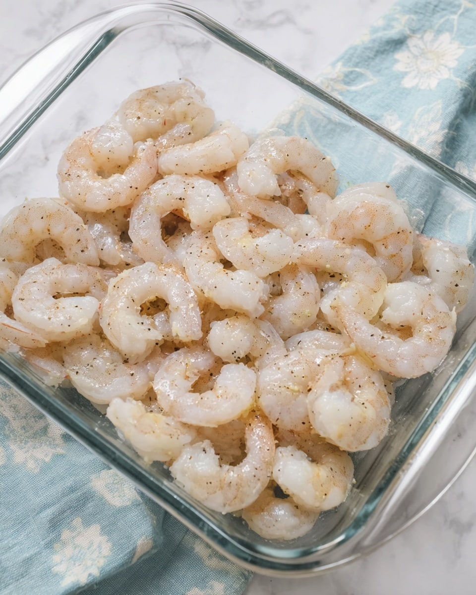A white spoon holds a few cooked shrimp with a soft pink and white color, mixed with small green herb pieces. The shrimp look moist and shiny with a light sauce. Below the spoon is a white glass dish filled with more shrimp in a yellowish sauce speckled with herbs. The scene sits on a white marbled surface with a soft focus on green leaves in the background. photo taken with an iphone --ar 4:5 --v 7