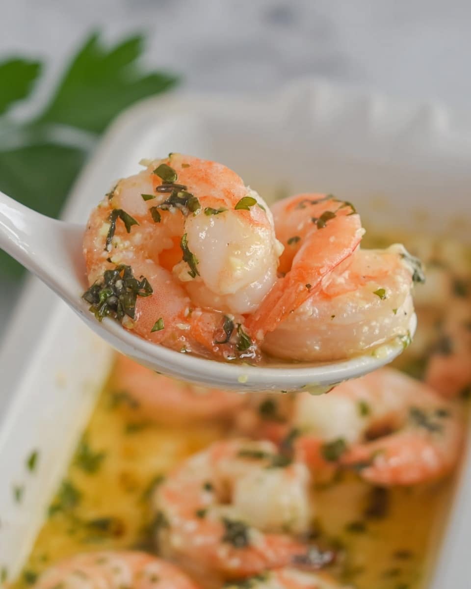 A white plate filled with about two layers of cooked shrimp, pale pink and white in color, covered with small bits of green herbs evenly scattered on top. The shrimp sit in a light yellow oily sauce that spreads across the plate. The surface beneath has a white marbled texture. The shrimp have a soft, slightly shiny texture, and the herbs add small green pops throughout the dish. Photo taken with an iphone --ar 4:5 --v 7