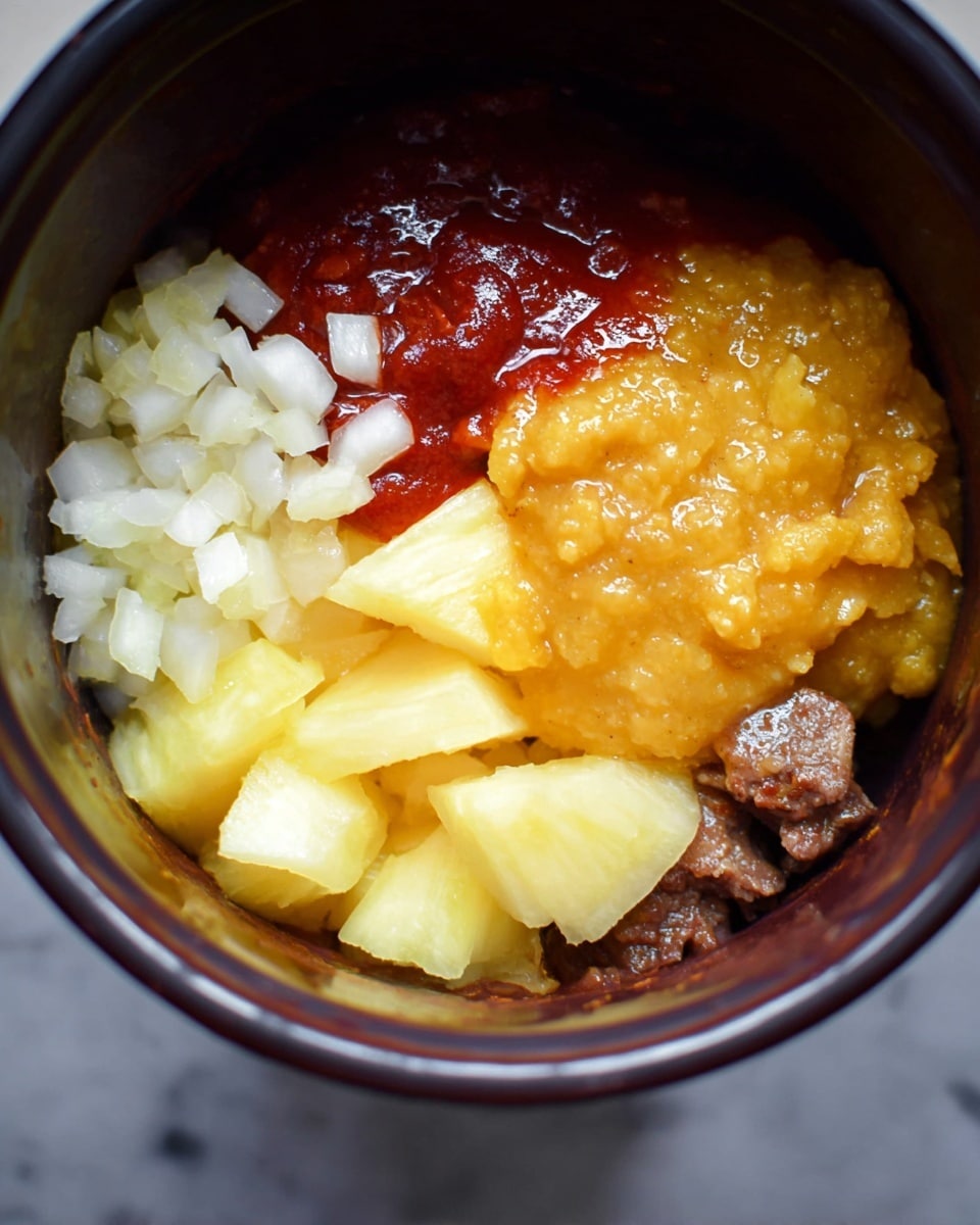 Inside a dark pot, there are four distinct layers of food ingredients arranged close together. At the bottom is a deep red sauce with a smooth but slightly thick texture, spreading across the lower part. Above this sauce are light yellow chunks of pineapple, some covered slightly with the red sauce, showing a juicy and soft look. Next to the pineapples, on the left side, is a layer of small, white diced onions with a fresh and firm texture. At the top right, there is a thick, golden-yellow layer of what looks like a chunky sauce or fruit spread with a shiny, sticky surface. In the bottom corners, small pieces of browned meat are visible under the other ingredients. The pot is placed on a white marbled surface. Photo taken with an iphone --ar 4:5 --v 7