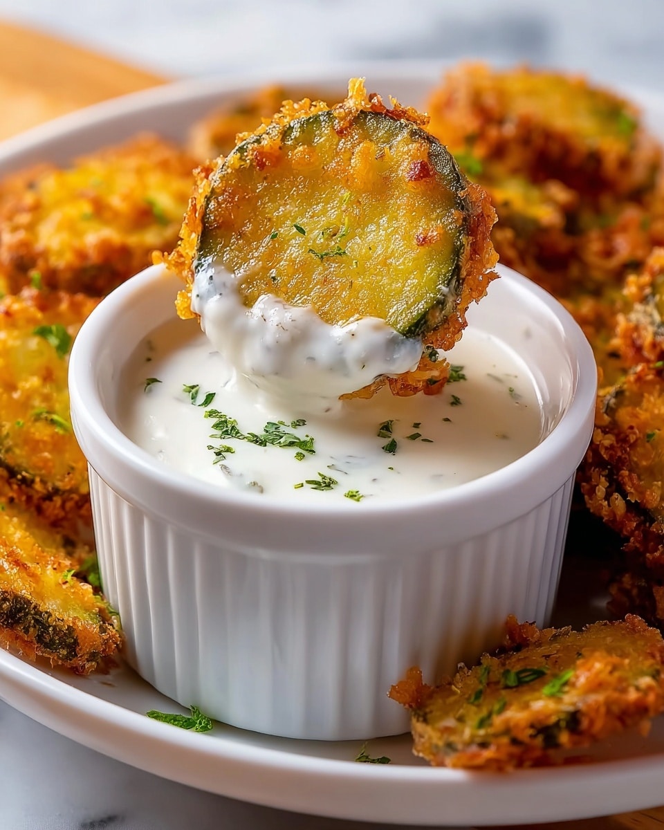 A large white plate holds many round fried zucchini slices with a crispy, golden brown coating. The zucchini slices show a mix of bright green edges and yellow centers, with a crunchy texture on the outside. In the middle of the plate, there is a small white bowl filled with a creamy white dipping sauce sprinkled with small green herbs. The plate sits on a white marbled surface with a beige cloth partially visible on the left side. photo taken with an iphone --ar 4:5 --v 7