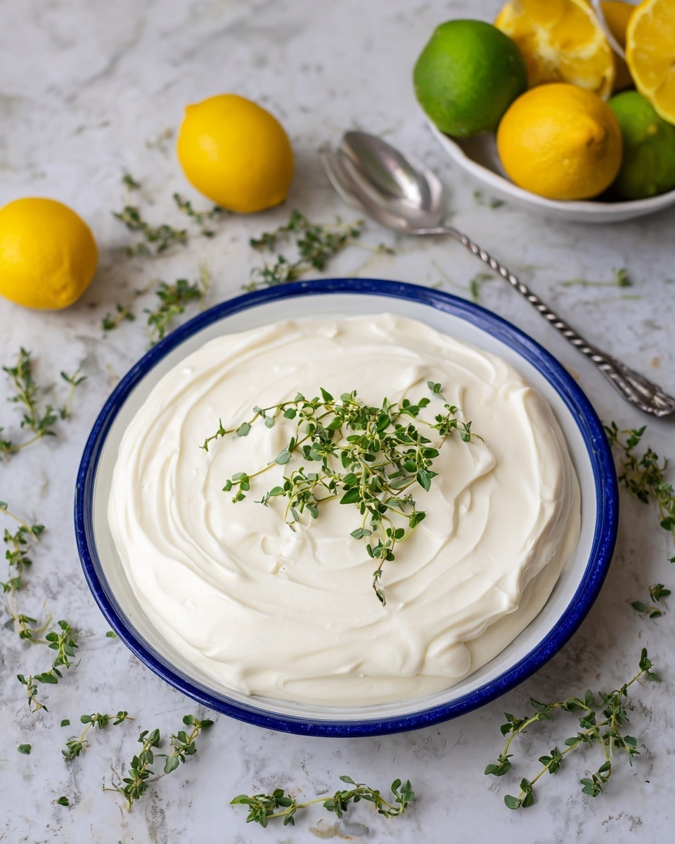A single layer of smooth, white cream spread evenly on a round white plate with a thin blue rim. The cream has soft swirls that give a slight texture on the surface. On top, there is a small bunch of fresh green thyme leaves placed gently in the center. Around the plate, there are scattered small sprigs of thyme. The background is a white marbled texture with a few whole yellow and green lemons in a white bowl and placed loosely around. A metal spoon with a twisted handle lies next to the plate. Photo taken with an iphone --ar 4:5 --v 7