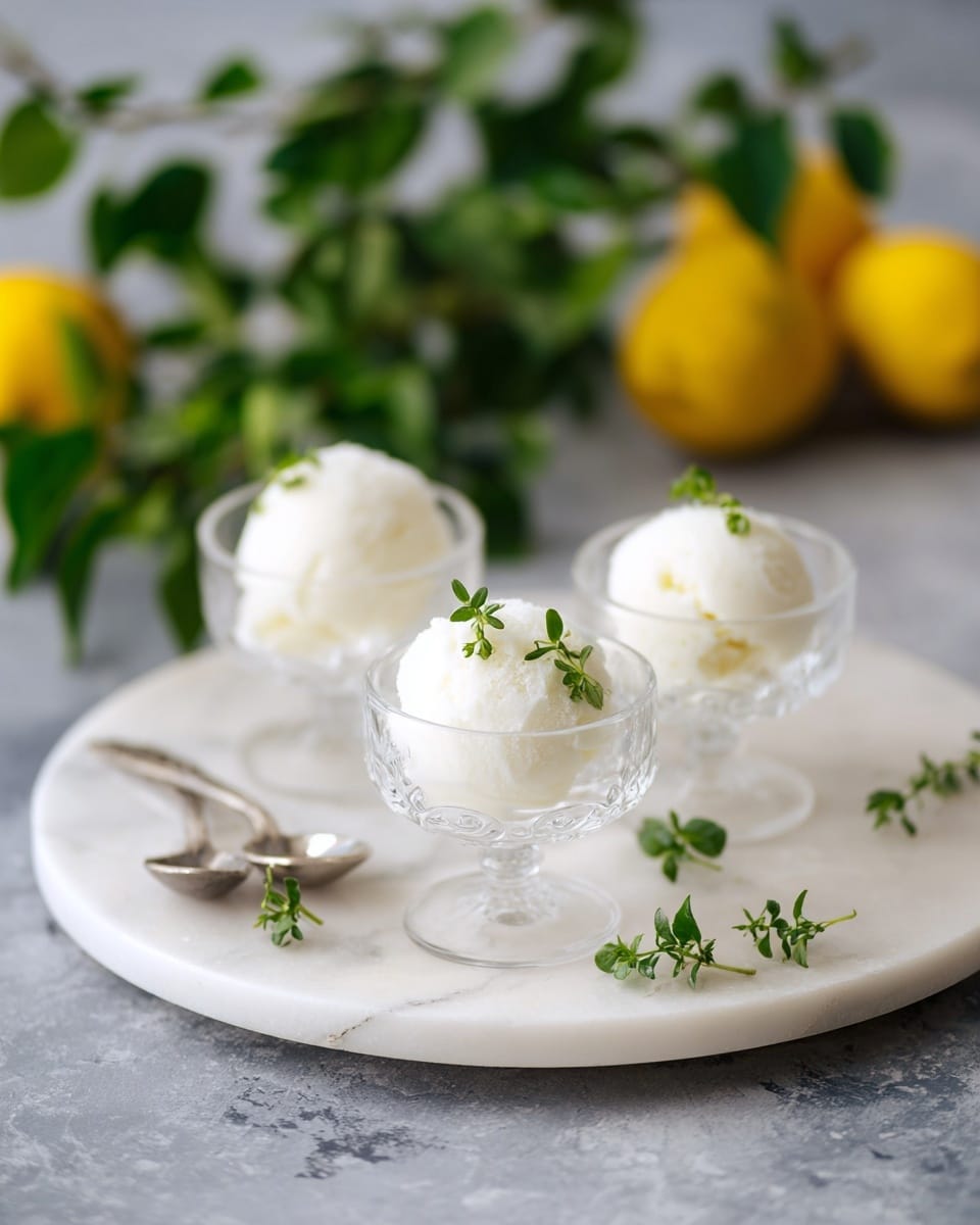 Three clear glass dessert cups sit on a large white round plate with a white marbled texture underneath. Each cup holds two scoops of white sorbet with light, airy texture. A small green herb sprig is placed on top of each sorbet as garnish. On the plate next to the cups, there are small fresh green herb sprigs and two small silver spoons. In the background, slightly blurred, there are whole yellow lemons and green leafy branches. Photo taken with an iphone --ar 4:5 --v 7