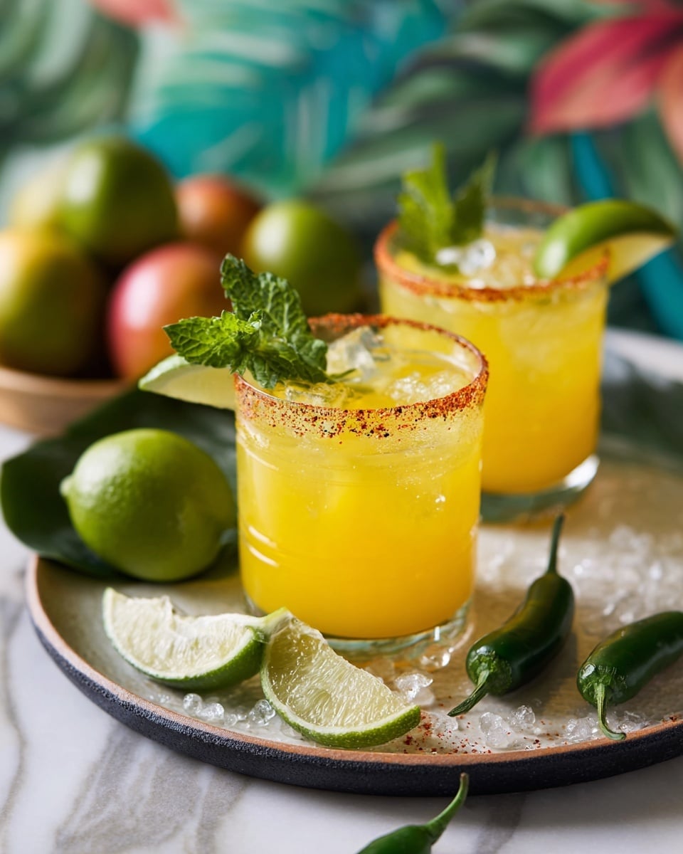 Two bright yellow drinks in short clear glasses sit on a round white plate with a dark rim. Each glass is filled with ice and has a rim coated with a reddish spice. The drinks are topped with a small green lime wedge and a sprig of fresh green mint. On the plate beside the glasses are two small green chili peppers, lime wedges, and mint leaves. A wooden-handled knife rests on the edge of the plate. Behind the plate is a silver metal cup and a small silver cocktail shaker lying on its side. To the left is a wooden bowl filled with green limes, a yellow lemon, and a red mango with green leaves. In front of the bowl are two small white and blue bowls, one containing crushed ice and the other red spice. All items are arranged on a textured cloth over a pale blue rustic wooden table, with a green leafy patterned background behind. photo taken with an iphone --ar 4:5 --v 7