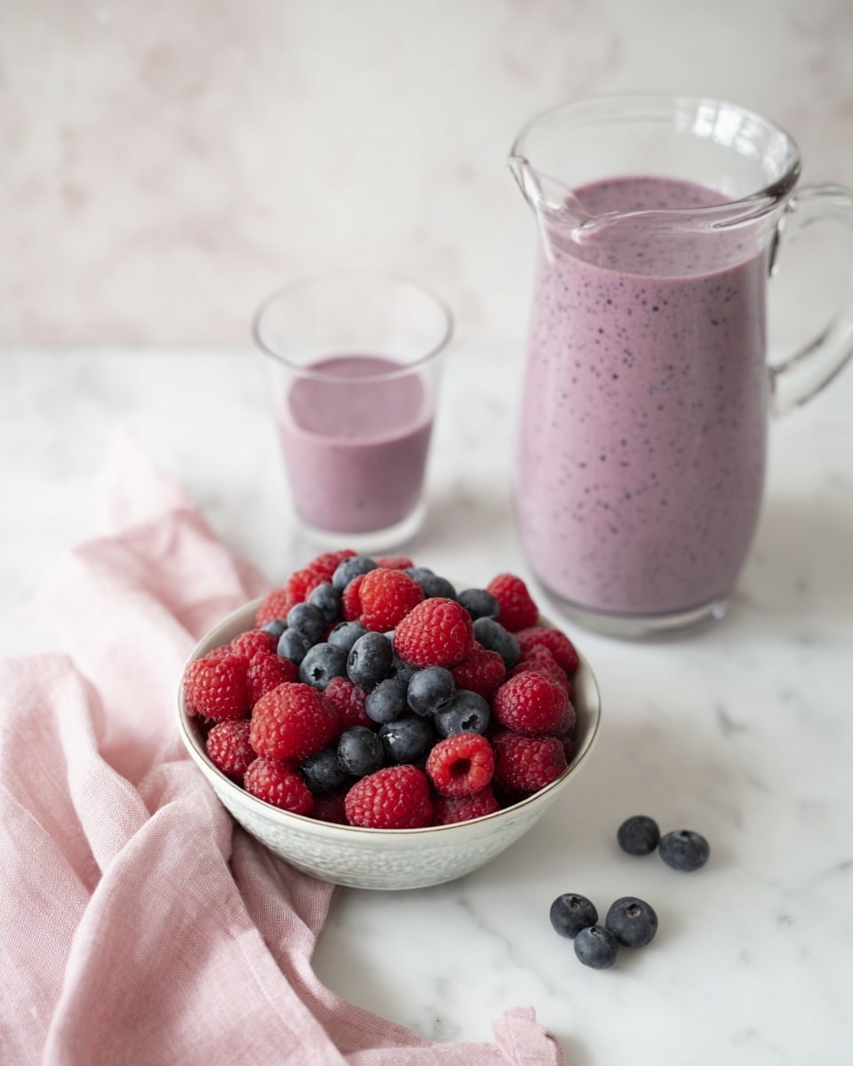 A clear glass filled with a light purple smoothie topped with three red raspberries and three blueberries is centered on a white marbled surface. Behind it, to the left, is a white bowl filled with more fresh red raspberries and dark blue blueberries. To the left and slightly up is a clear glass pitcher filled with the same purple smoothie. To the right of the pitcher is another glass cup filled with purple smoothie. A small white bowl containing a light brown sauce with a silver spoon sits to the right of the glass cup. A bunch of pale green eucalyptus leaves in a clear vase is visible in the top right. A soft pink cloth is placed on the bottom left corner of the white marbled surface. Photo taken with an iphone --ar 4:5 --v 7