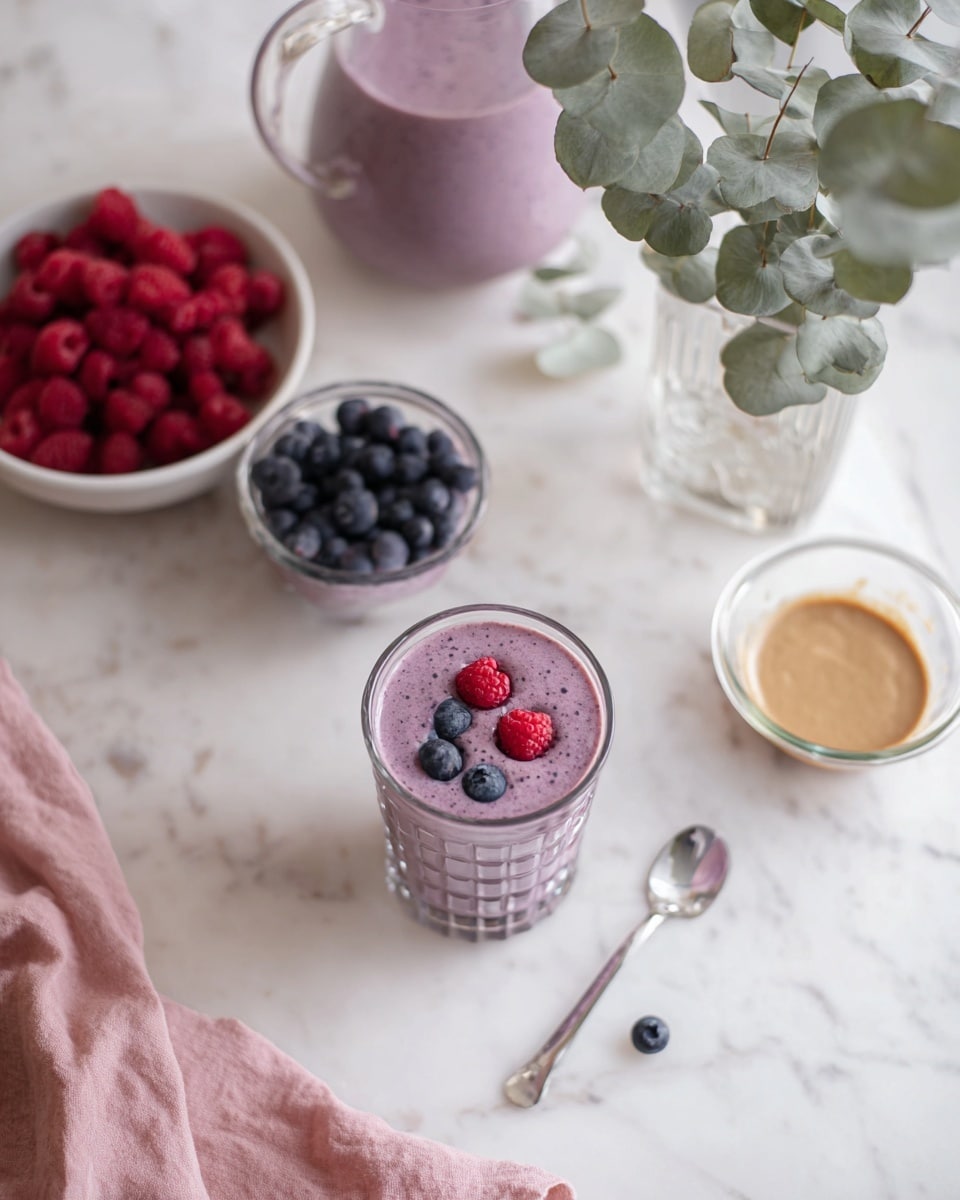 A tall clear glass filled with a light purple smoothie that has small dark specks in it. On top, there are fresh red raspberries and dark blue blueberries scattered as a garnish. Behind the glass, a clear pitcher contains more of the same smoothie. To the left, there is a white bowl filled with raspberries and blueberries, and to the right, a white bowl contains a smooth, creamy peanut butter with a spoon inside. In the background, green leafy branches in a clear vase add a natural touch. Everything is placed on a white marbled surface. photo taken with an iphone --ar 4:5 --v 7