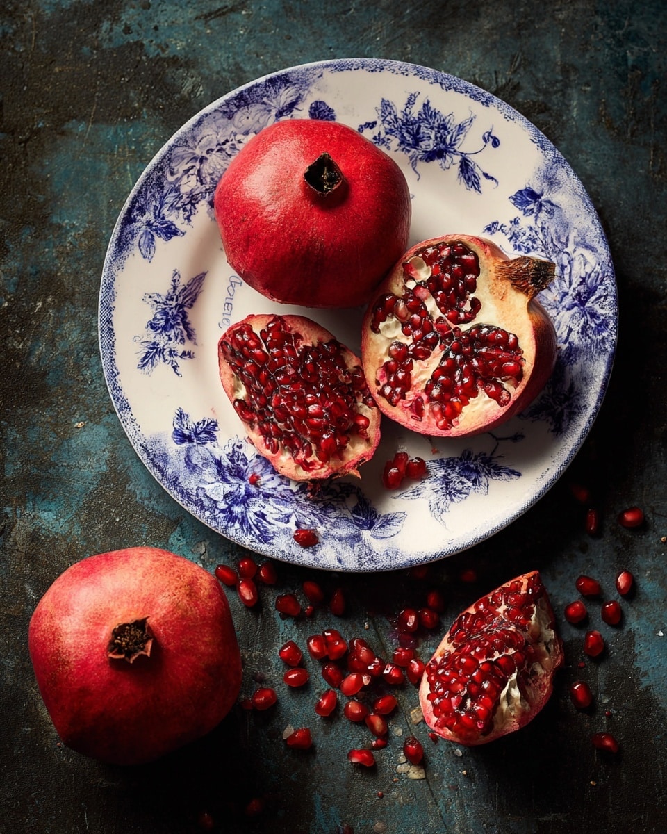 The image shows a white plate with blue floral patterns holding two whole red pomegranates and one split open, showing bright red seeds inside. Around the plate, on a dark textured surface, there are scattered red pomegranate seeds and two more pomegranate pieces with seeds showing. A third whole pomegranate sits on the surface near the bottom left corner. The colors are rich with deep reds and blues, and the textures range from smooth fruit skin to the glossy seeds. Photo taken with an iphone --ar 4:5 --v 7