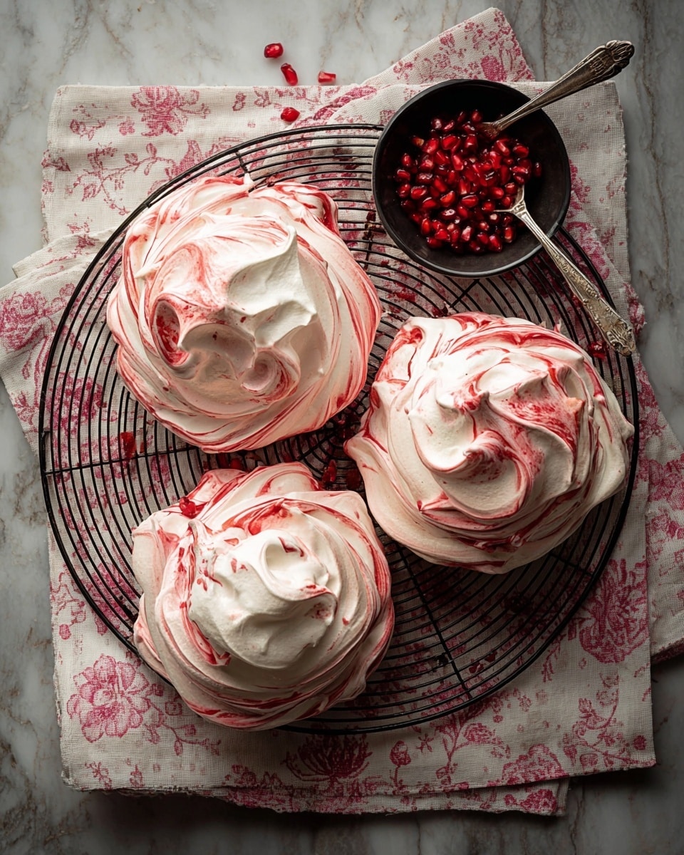 A dessert with three layers starts with a base layer of light pink and white swirled meringue with a rough texture, placed in the center of a white plate with blue floral patterns. On top is a thick, creamy white layer of whipped cream that drapes over the edges, looking soft and smooth. Red syrup is drizzled over the cream, dripping down the sides, and topped with bright red pomegranate seeds scattered on the syrup and cream. A silver spoon with some red syrup rests beside the dessert on the plate. The background shows other similar meringues on a wire rack and a small bowl filled with pomegranate seeds, all placed on a white marbled surface. Photo taken with an iphone --ar 4:5 --v 7