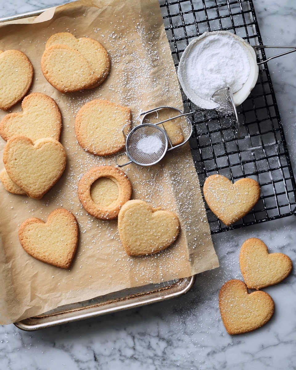 The image shows a baking scene with several pale golden cookies in different shapes, including circles, stars, hearts, bells, and cameras. There are three rows of cookies on a metal cooling rack positioned on the left side of the image. To the right, more cookies lie on brown parchment paper with a light dusting of powdered sugar. A fine metal sieve filled with powdered sugar rests on a small white plate nearby. A wooden rolling pin with a red handle sits at the top right corner, next to a heart-shaped cookie cutter. Additional metal cookie cutters, including a star, bell, and camera shape, are located at the bottom left on a white marbled countertop. The whole scene is set on a white marbled surface. photo taken with an iphone --ar 4:5 --v 7