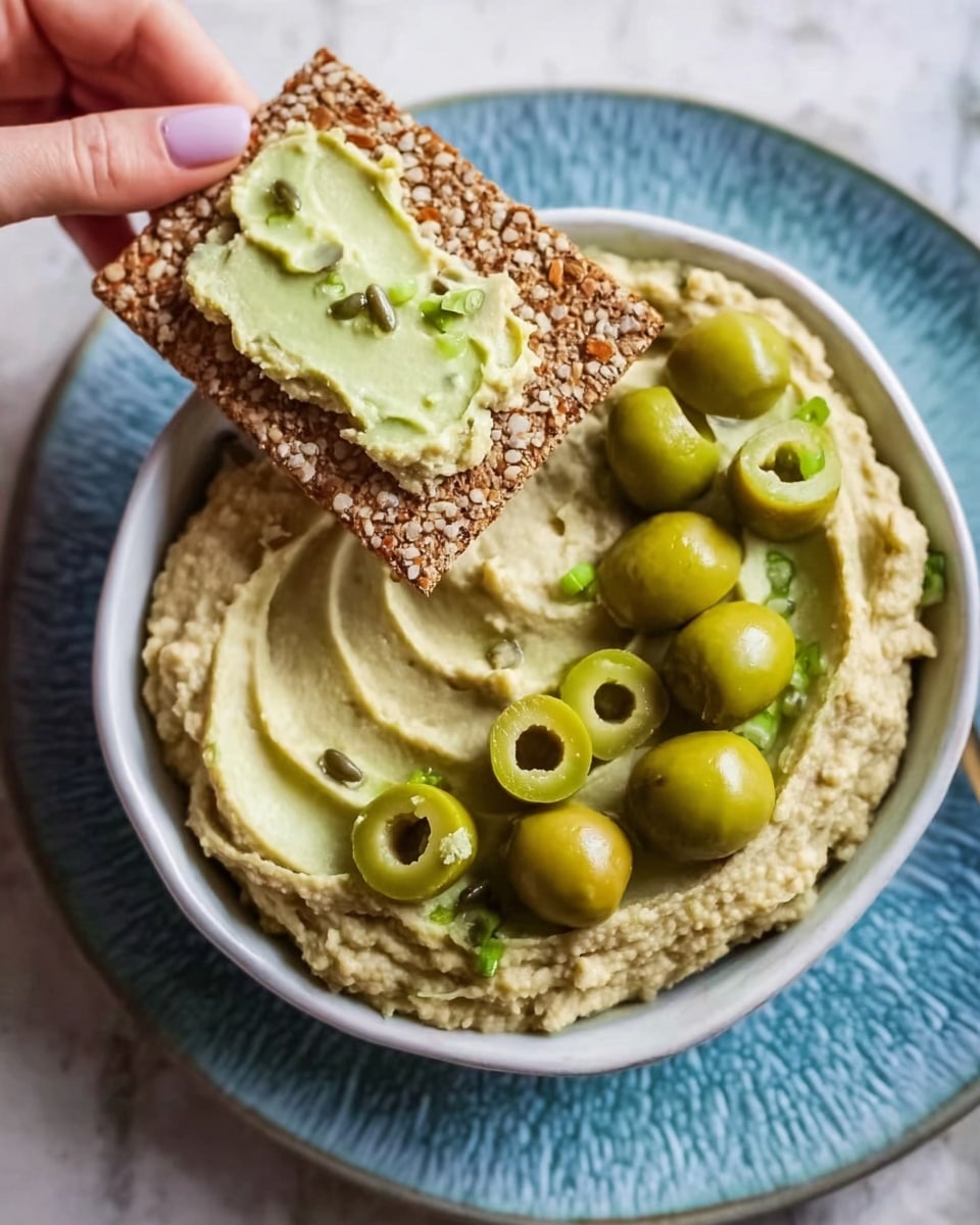 A white bowl filled with thick, light green hummus topped with sliced green olives is placed on a white marbled surface. Around the bowl, there are several square and rectangular whole grain crackers with seeds, some lying flat and others leaning against the bowl. A bunch of fresh green parsley rests near the crackers, adding a fresh touch to the scene. The setup looks neat and inviting for a simple snack. Photo taken with an iphone --ar 4:5 --v 7
