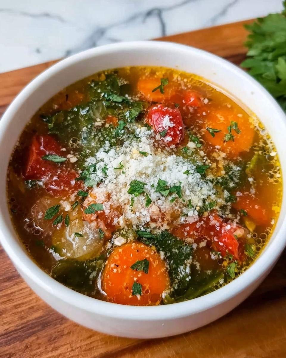 The image shows a white bowl filled with a colorful vegetable and meatball soup. The soup has visible layers of orange carrot slices, bright red tomato chunks, green leafy vegetables, and small brown meatballs in a clear golden broth. On top of the soup is a generous layer of finely grated white cheese sprinkled with small pieces of green herbs. Another similar bowl of soup is blurred in the background on a white marbled surface with some green herbs scattered around. A few pieces of toasted bread sit nearby on the same surface. Photo taken with an iphone --ar 4:5 --v 7