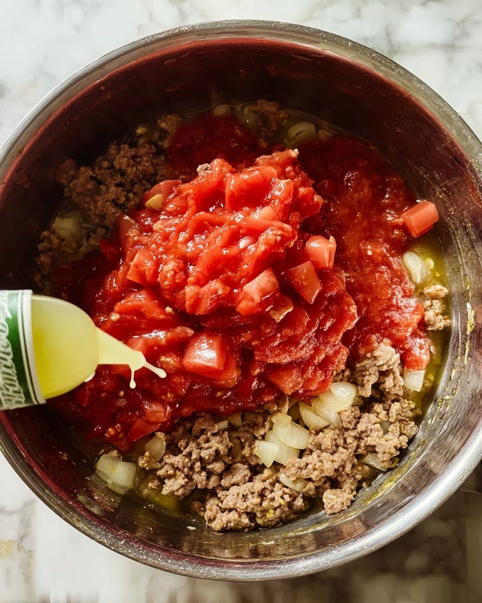 Inside a large metal pot sitting on a white marbled surface, there is a base layer of cooked, crumbled meat mixed with small pieces of onions and garlic spread evenly at the bottom. On top of this layer, a generous amount of bright red chopped tomatoes sits piled high in the center. A pale yellow liquid is being poured from a green and white container onto the tomatoes, adding a wet layer on top. The pot is viewed from above, showing the mix of textures like soft tomatoes and chunky minced meat. Photo taken with an iphone --ar 4:5 --v 7