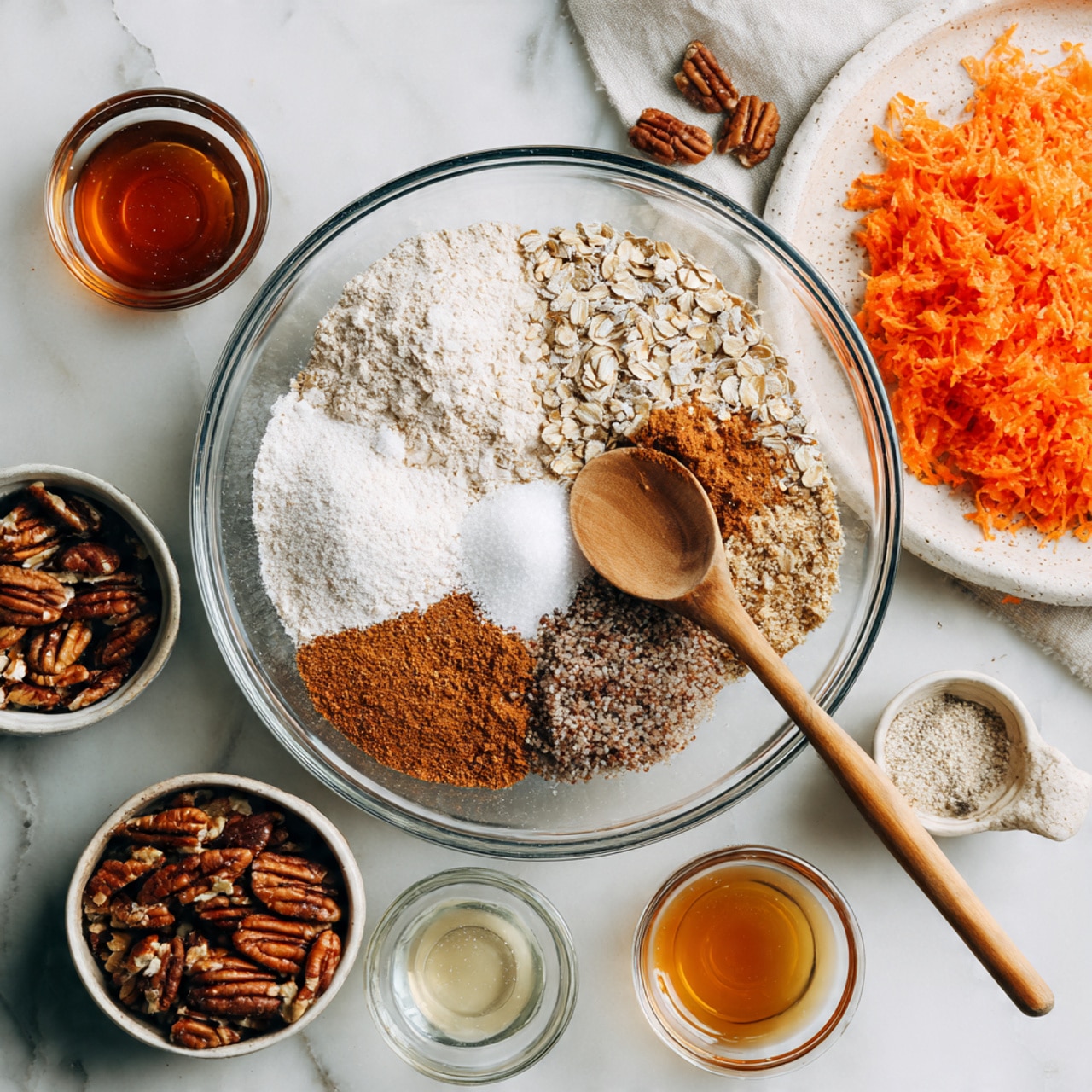 A clear glass bowl sits on a white marbled surface, filled with separate piles of oats, almond flour, ground cinnamon, baking soda, and salt, with a wooden spoon resting inside. Surrounding the bowl are small white dishes holding chopped pecans and ground flaxseed, a white plate piled with bright orange shredded carrots, and small clear bowls containing a light brown creamy mixture, amber maple syrup, and a clear liquid. The colors range from pale beige to warm orange and brown, all laid out neatly and ready to be mixed. Photo taken with an iphone --ar 4:5 --v 7