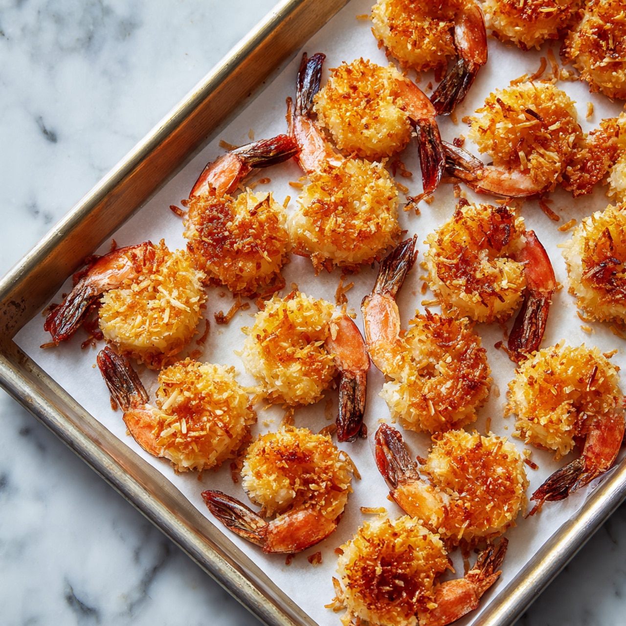 A baking tray with a piece of white parchment paper holds about 20 golden-brown shrimp covered in light toasted coconut flakes, arranged loosely in several rows. The shrimp shells are partially visible, showing a soft orange color under the crunchy coconut layer. The tray sits on a white marbled texture background. photo taken with an iphone --ar 4:5 --v 7