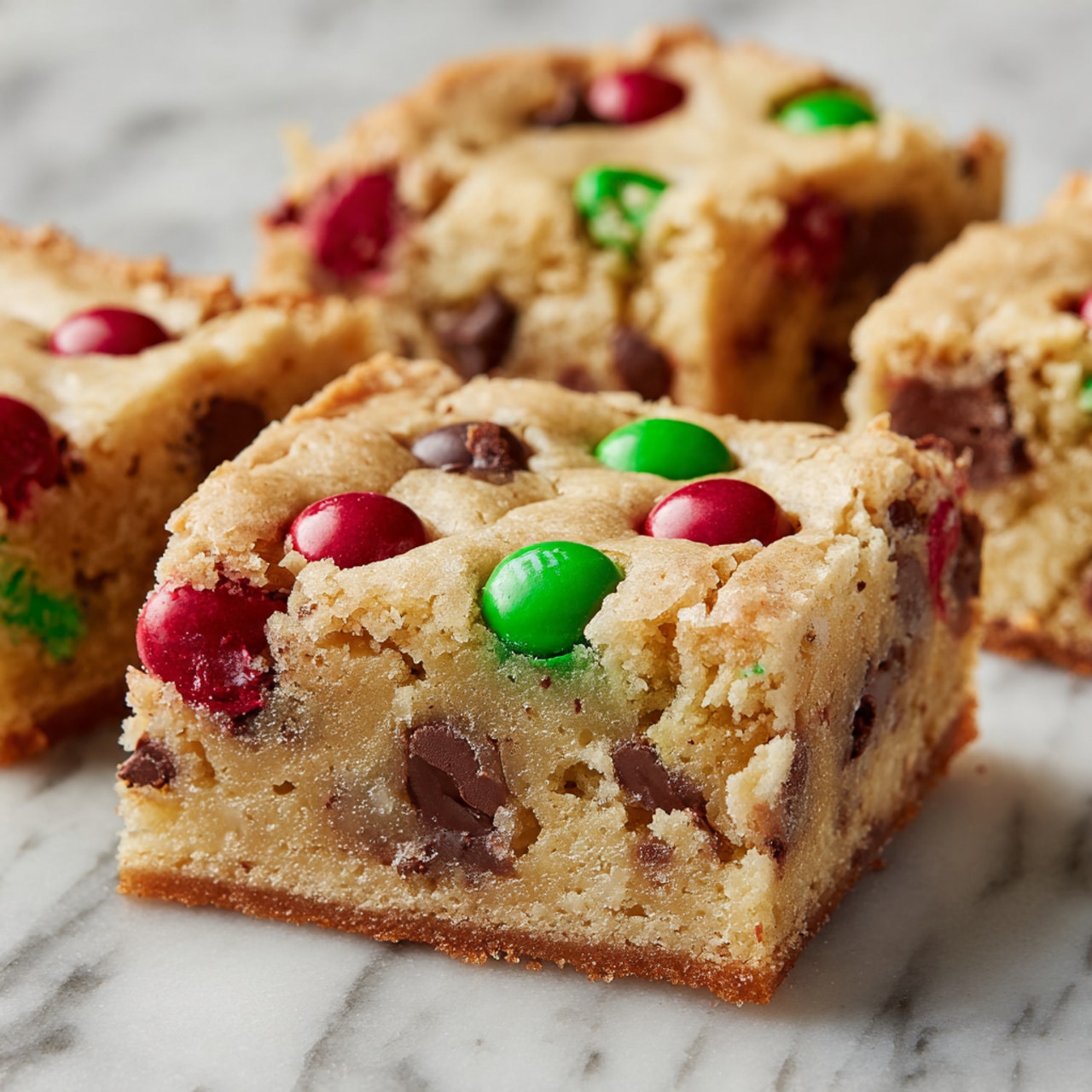 The image shows several square pieces of blondie bars scattered on a white marbled surface. Each piece has a light golden brown top layer with a slightly cracked texture. Embedded within the top layer are colorful candy-coated chocolates in red and green, as well as semi-sweet chocolate chips that add dark brown spots throughout. The bars appear thick, with a dense and chewy middle layer visible from the sides. The colors of candies contrast sharply with the light blondie base, creating a festive and inviting look. photo taken with an iphone --ar 4:5 --v 7