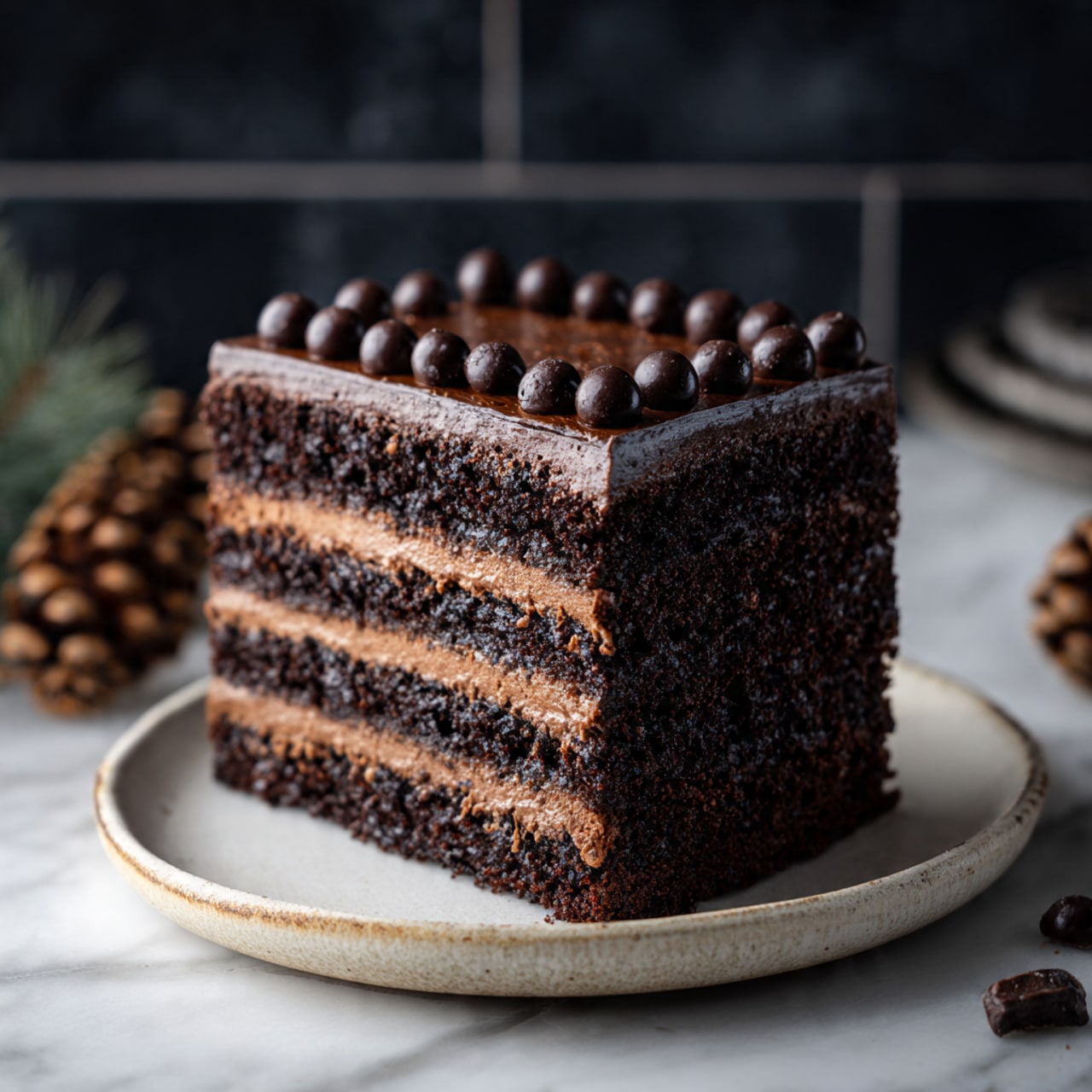 The image shows a rectangular chocolate layer cake with four dark chocolate sponge layers and four light chocolate cream layers stacked alternately. The top of the cake is covered with a thick, smooth dark chocolate frosting decorated with small round chocolate balls sprinkled in a neat line down the middle. The cake sits on a white round plate with a slightly rustic finish, placed on a white marbled surface. The background is dark with blurred black tiled walls, while some pine cones near the plate add a natural touch. Photo taken with an iphone --ar 4:5 --v 7