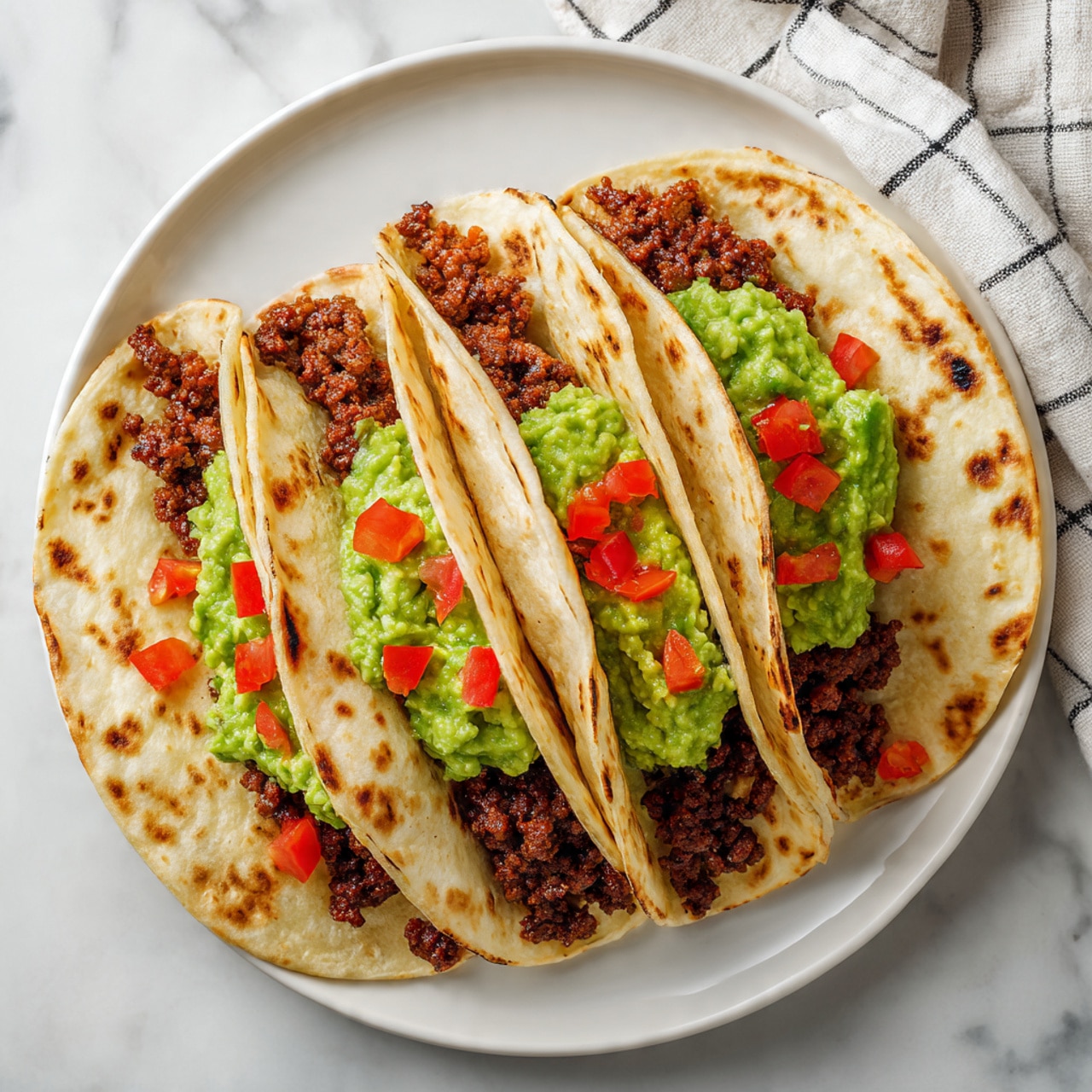 The image shows a close-up of cooked ground beef mixed with small, soft, translucent onion pieces in a white pan. The ground beef is brown with some parts still slightly pink, and the texture looks crumbly and moist. There are a few spots of yellow-green sauce drizzled unevenly on top of the meat. In the lower right part of the pan, a slice of yellow lemon is visible. The background is a white marbled texture. Photo taken with an iphone --ar 4:5 --v 7