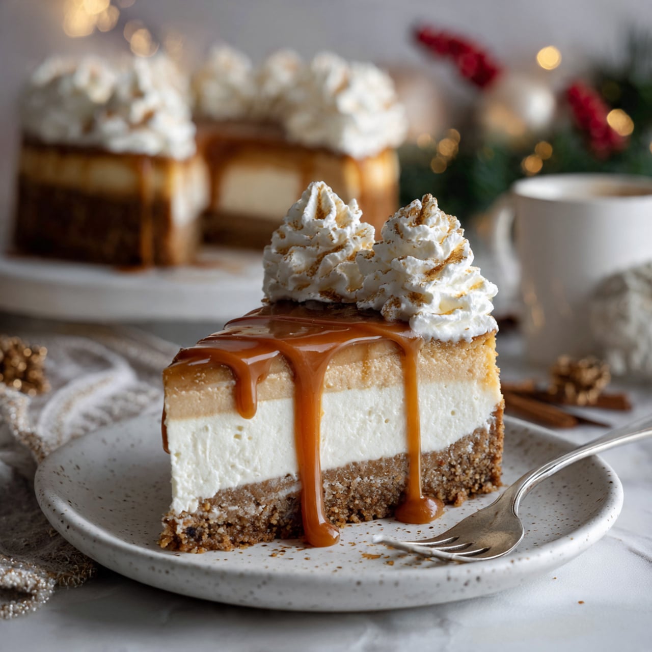 A slice of creamy caramel cheesecake is shown on a white speckled plate with a silver fork beside it. The cheesecake has three clear layers: a crumbly brown crust at the bottom, a thick light brown caramel-flavored filling in the middle, and a fluffy white whipped cream topping on top. Rich caramel sauce drips over the whipped cream and down the side of the slice. In the blurred background, the rest of the cheesecake sits on a white plate with the same caramel drizzle on top, set on a white marbled surface with holiday decorations and a white cup nearby. photo taken with an iphone --ar 4:5 --v 7