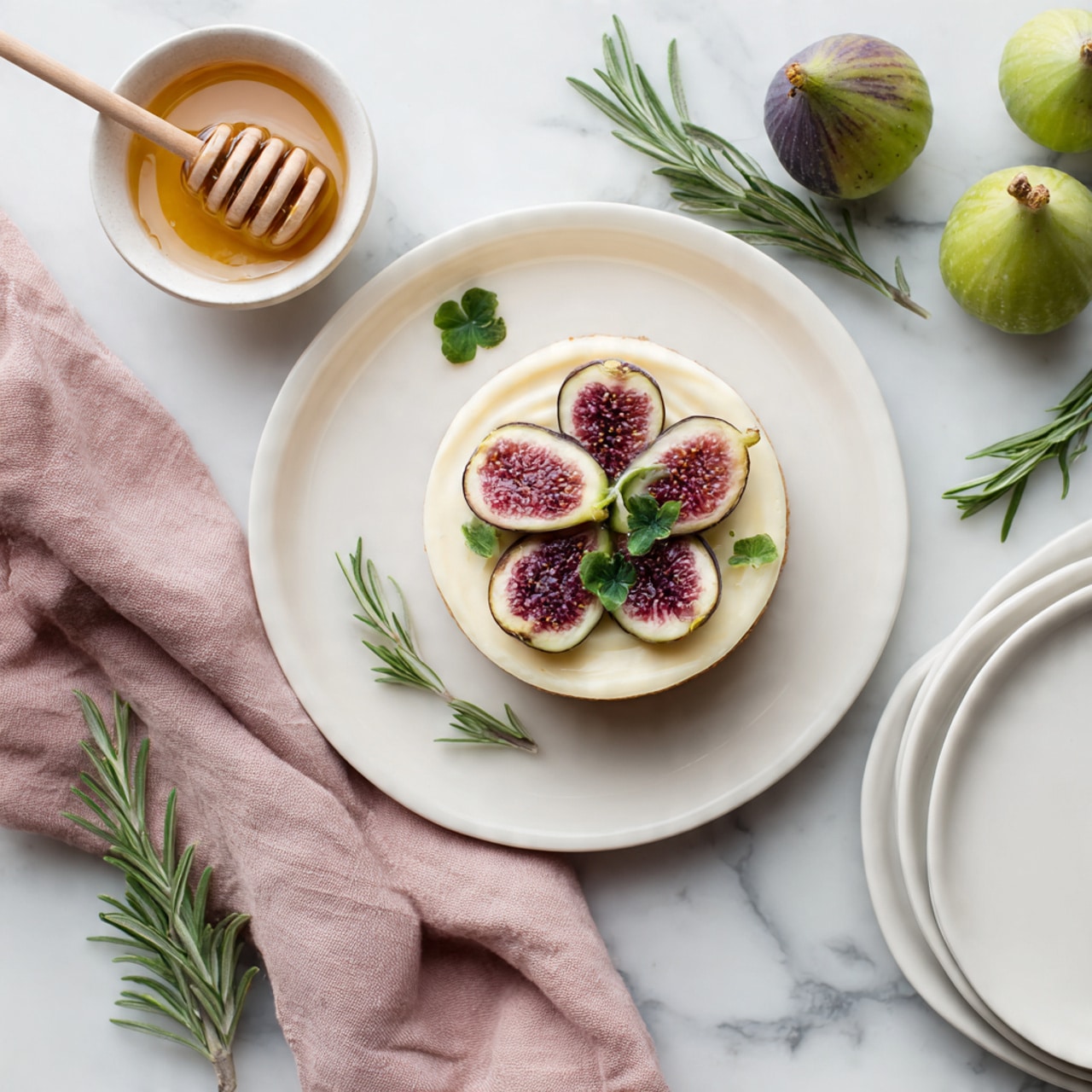 A two-layer round cheesecake sits on a white plate with a white marbled surface underneath. The bottom layer is a thick, crumbly brown crust, evenly packed, while the top layer is a smooth, creamy white cheesecake. On top, there is a crown of fresh fig slices, showing soft pink flesh with tiny seeds inside and green skin on the edges, arranged in a small pile. Small sprigs of green rosemary are placed around and in between the figs, adding texture and contrast to the smooth cheesecake and fruit. The background is simple and out of focus with light grey tones. photo taken with an iphone --ar 4:5 --v 7