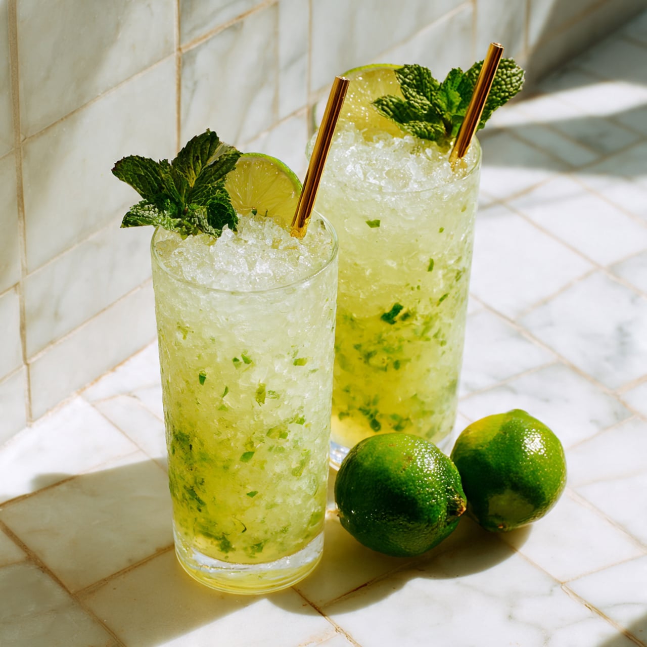 There are two tall clear glasses filled with pale yellow-green liquid and crushed ice, with small bits of green mint leaves inside. Each glass has a gold straw on the right side, a fresh bright green lime wedge on the rim, and a small bunch of green mint leaves behind the lime. The glasses sit on a white marbled surface with square tile patterns, and the background is also white marbled. The scene is bright with natural light. photo taken with an iphone --ar 4:5 --v 7