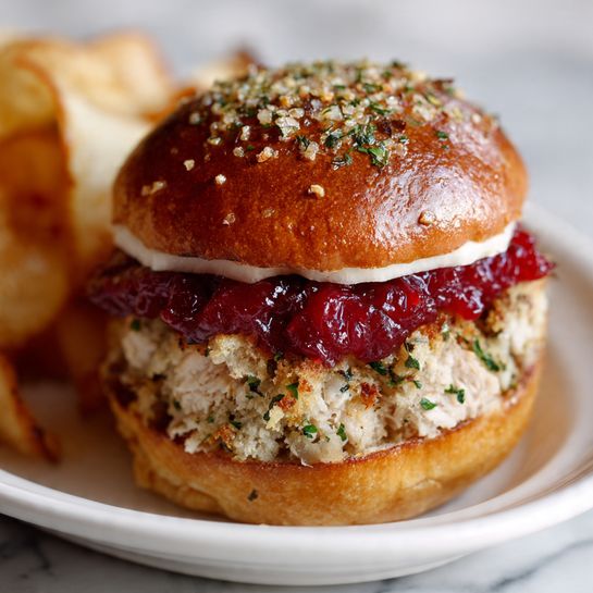 A white rectangular baking dish holds twelve small sandwiches arranged in a neat 3 by 4 grid, each sandwich topped with a golden brown dinner roll sprinkled with green herbs and light crumbs. Each sandwich has three visible layers inside: a light beige layer of turkey slices at the bottom, a bright red layer of cranberry sauce in the middle, and a crumbly, light beige stuffing layer beneath the top roll. The rolls have a soft texture with a slightly shiny finish. The dish is placed on a white marbled surface and surrounded by small bowls containing stuffing, cranberry sauce, and potato chips. The setting includes a woman's hand partially visible reaching toward the dish. Photo taken with an iphone --ar 4:5 --v 7